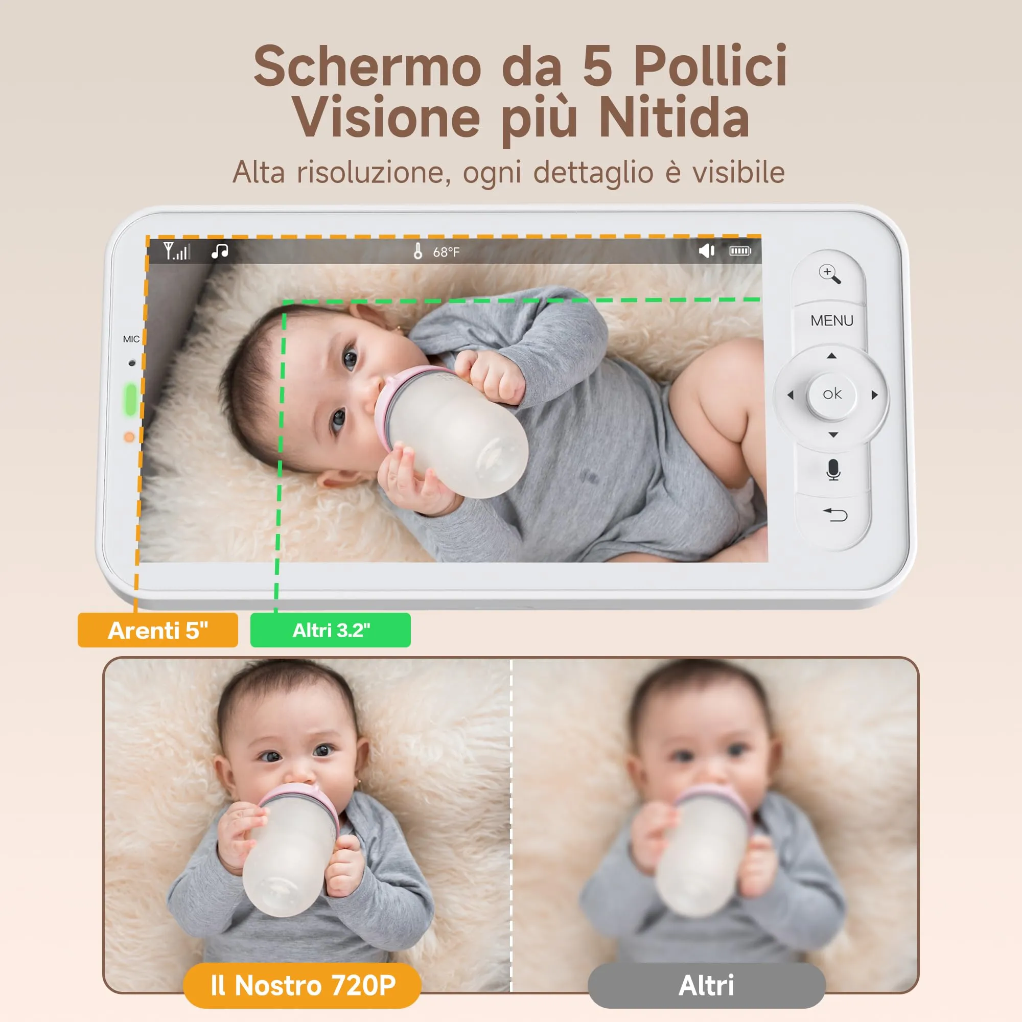ARENTI Baby Monitor WiFi 5'' 360° PTZ con Monitor, Video e Audio Bidirezionale, Visione Notturna, Modalità VOX e Rilevazione Temperatura - immagine 2