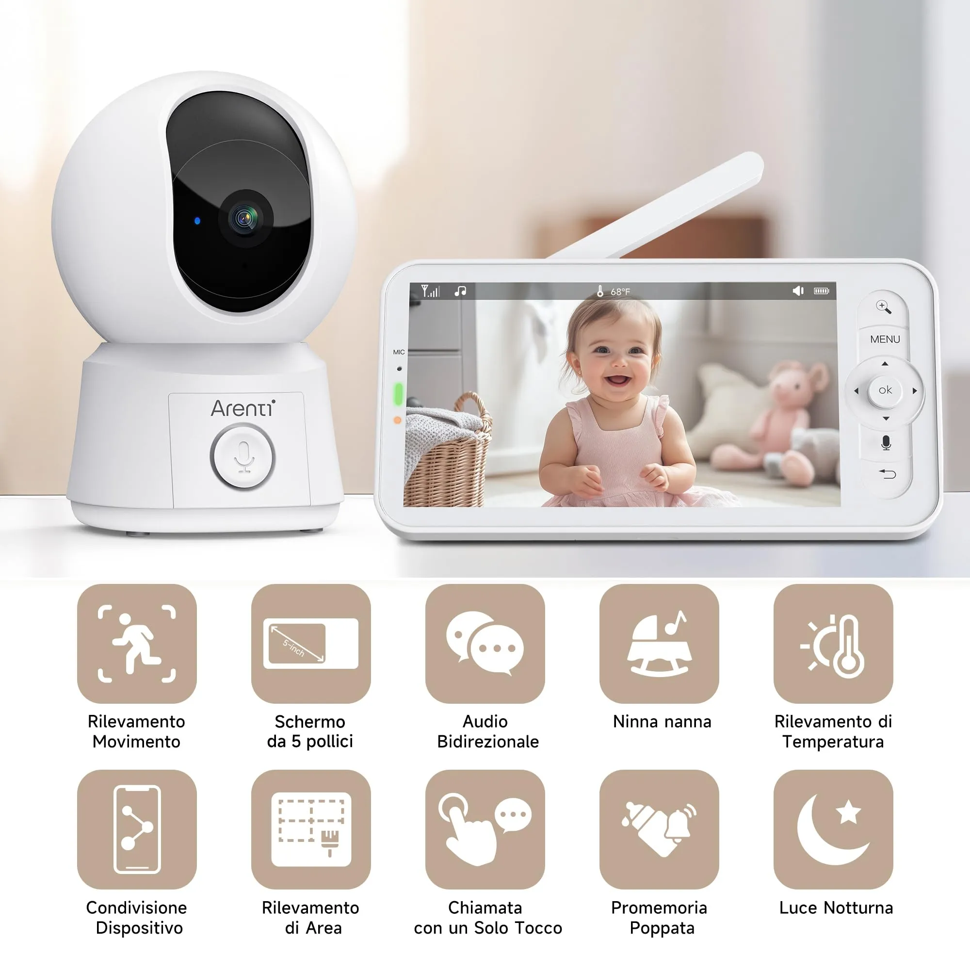 ARENTI Baby Monitor WiFi 5'' 360° PTZ con Monitor, Video e Audio Bidirezionale, Visione Notturna, Modalità VOX e Rilevazione Temperatura - immagine 3