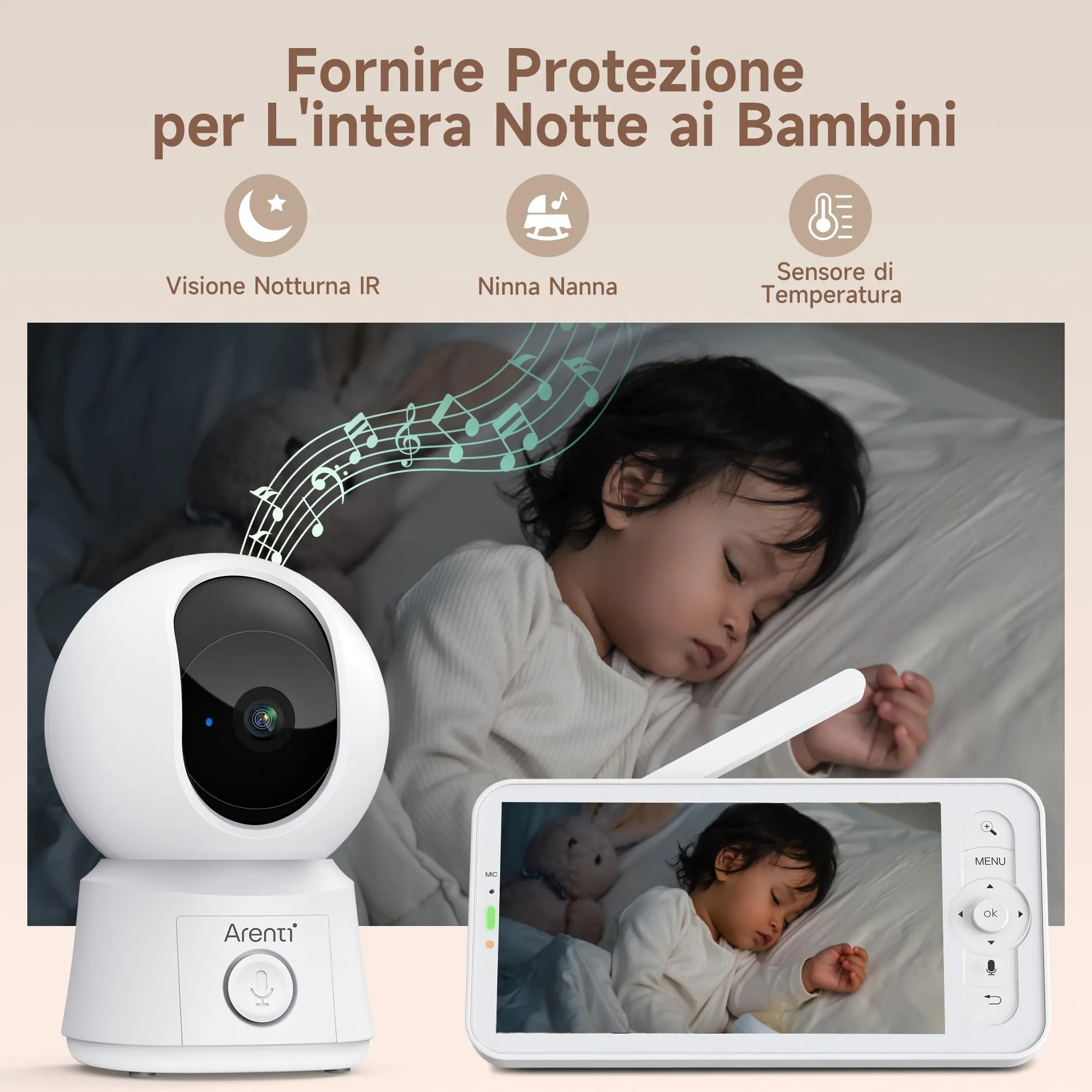 ARENTI Baby Monitor WiFi 5'' 360° PTZ con Monitor, Video e Audio Bidirezionale, Visione Notturna, Modalità VOX e Rilevazione Temperatura - immagine 6