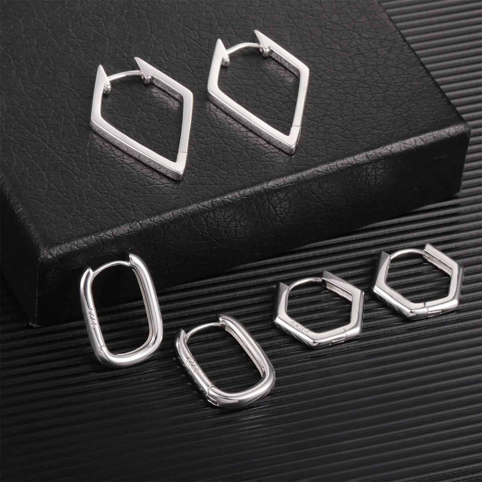 ALEXCRAFT Geometric Silver Hoop Earrings Set, Minimalist Style - immagine 5