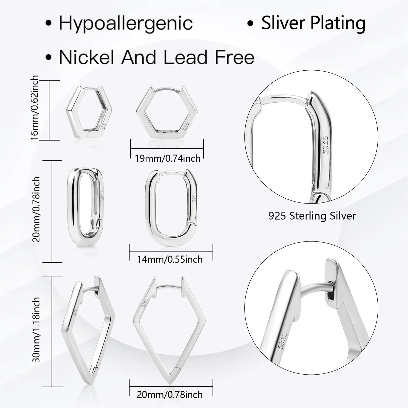 ALEXCRAFT Geometric Silver Hoop Earrings Set, Minimalist Style - immagine 6