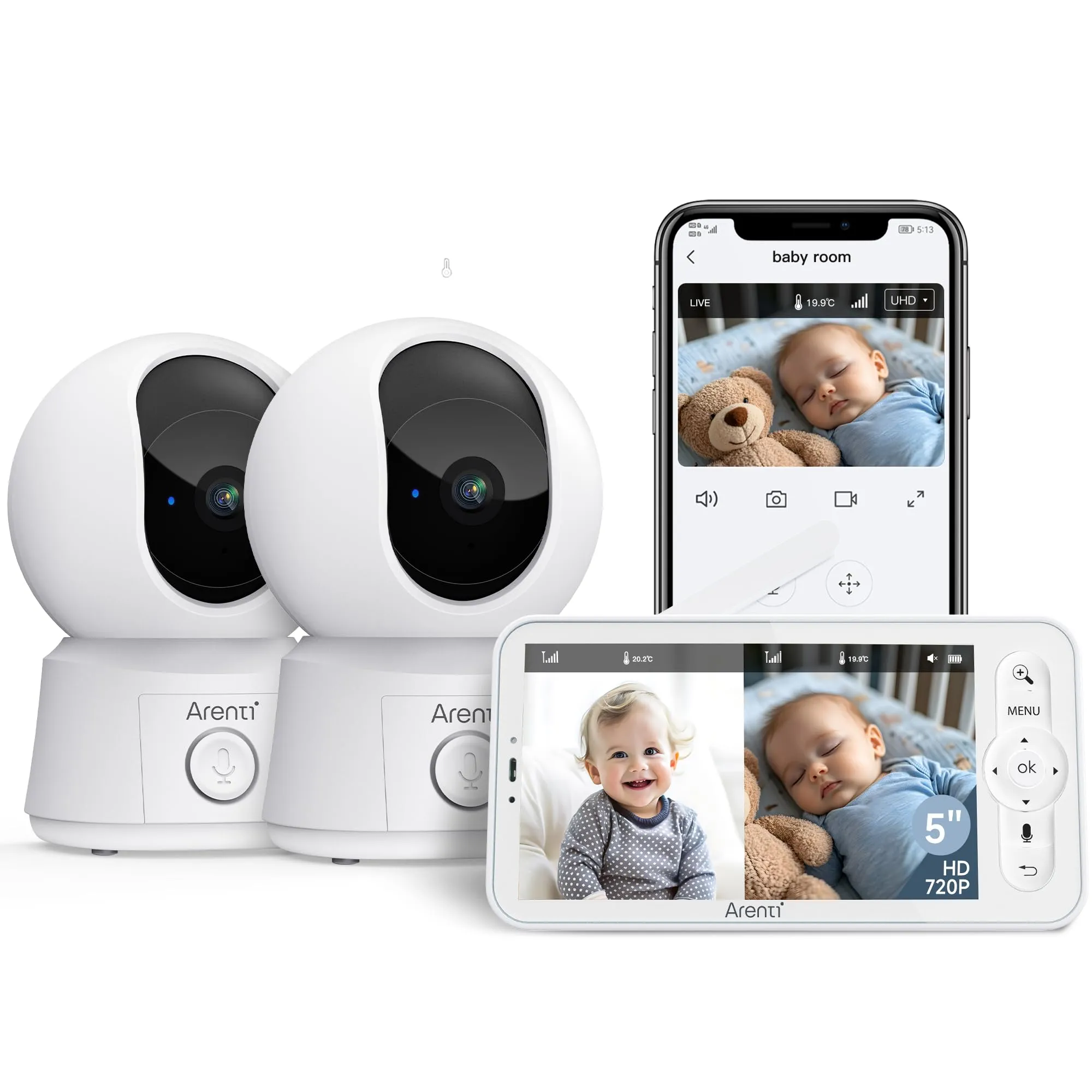 ARENTI Baby Monitor WiFi, 2 Telecamere con Monitor 5'', Rilevamento Intelligente, Audio Bidirezionale, Promemoria di Allattamento, Sensore di Temperatura - immagine 1