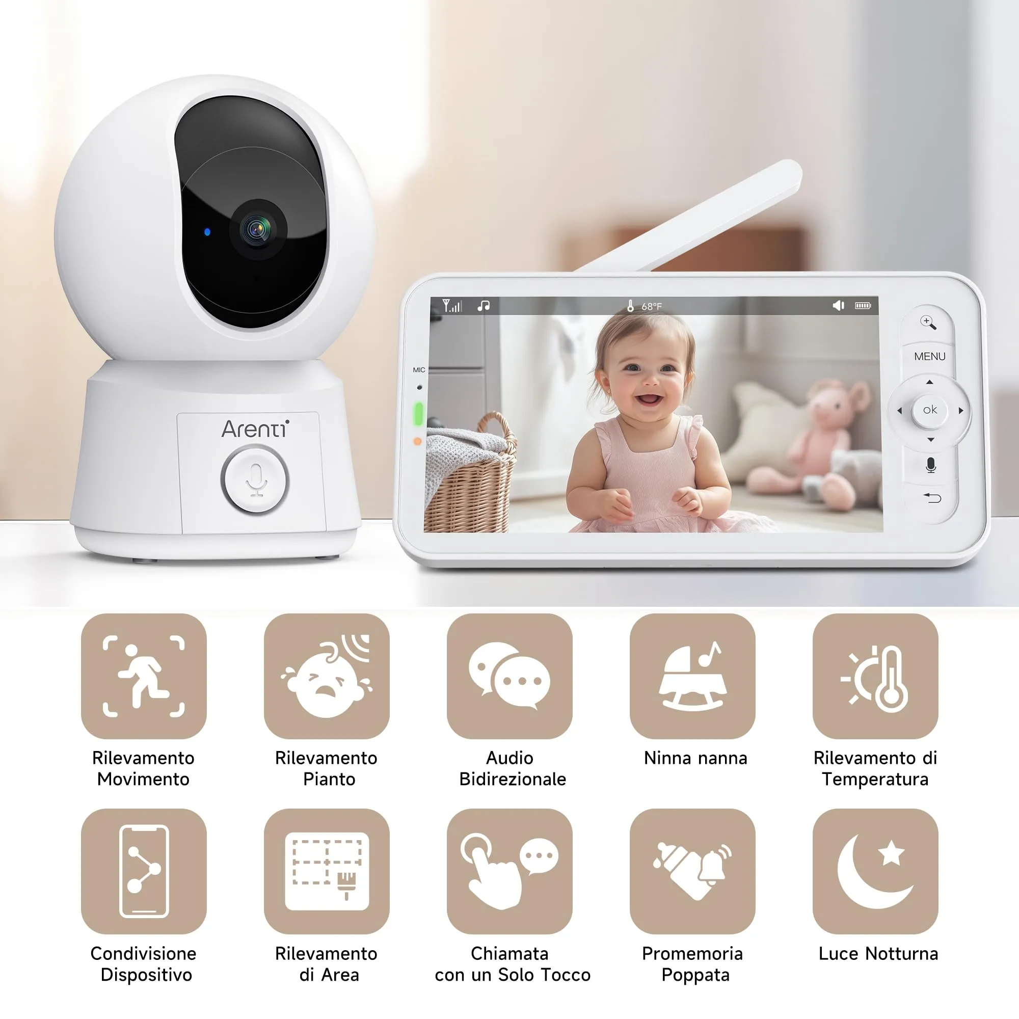 ARENTI Baby Monitor WiFi, 2 Telecamere con Monitor 5'', Rilevamento Intelligente, Audio Bidirezionale, Promemoria di Allattamento, Sensore di Temperatura - immagine 2
