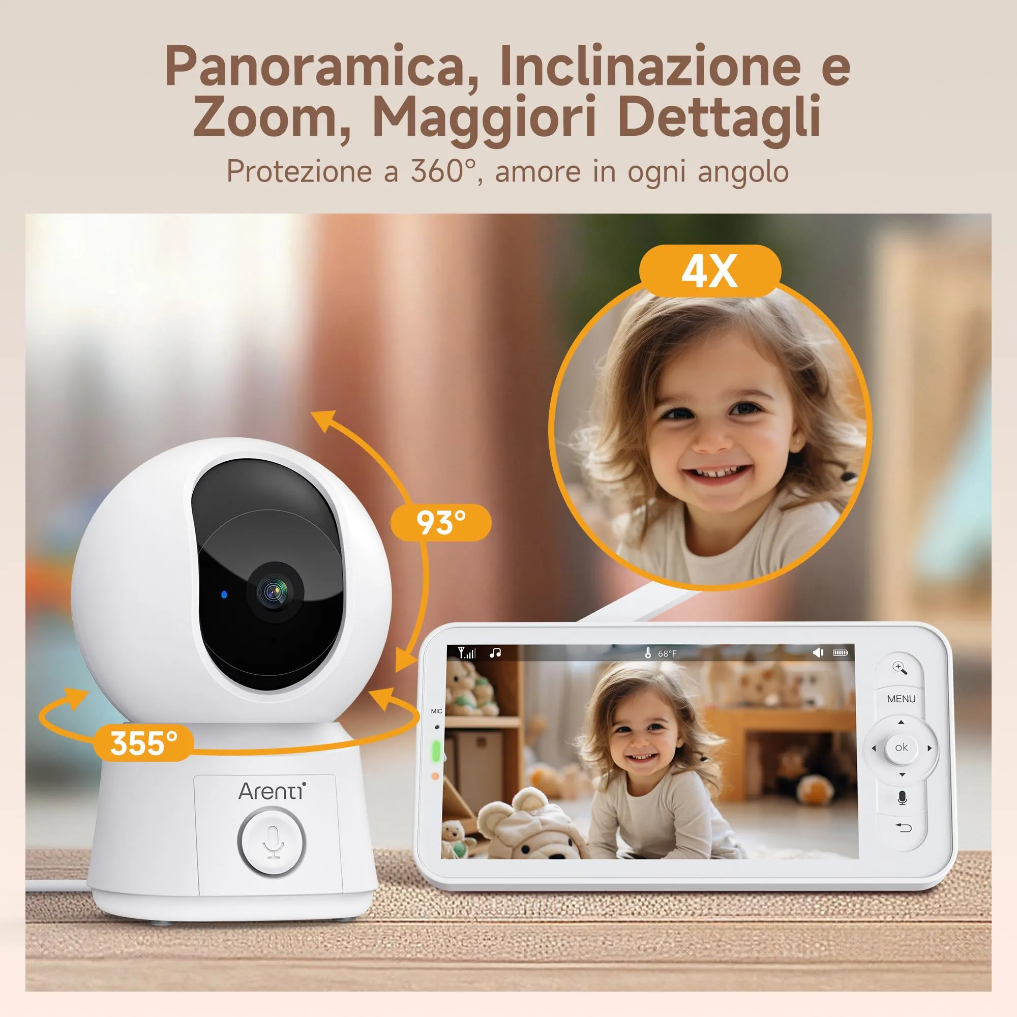 ARENTI Baby Monitor WiFi, 2 Telecamere con Monitor 5'', Rilevamento Intelligente, Audio Bidirezionale, Promemoria di Allattamento, Sensore di Temperatura - immagine 6