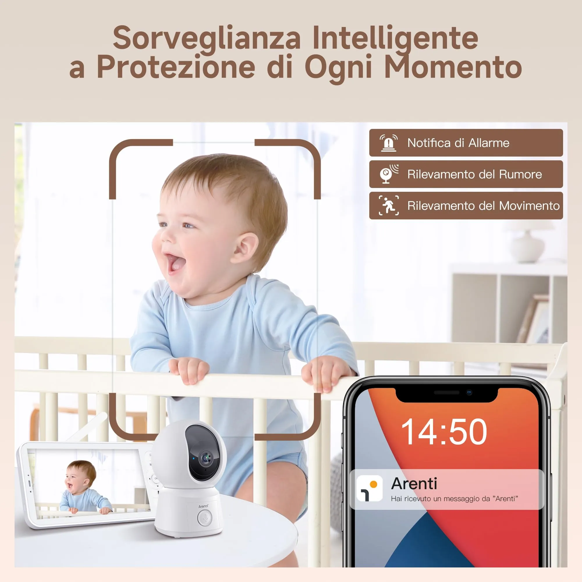 ARENTI Baby Monitor WiFi, 2 Telecamere con Monitor 5'', Rilevamento Intelligente, Audio Bidirezionale, Promemoria di Allattamento, Sensore di Temperatura - immagine 8