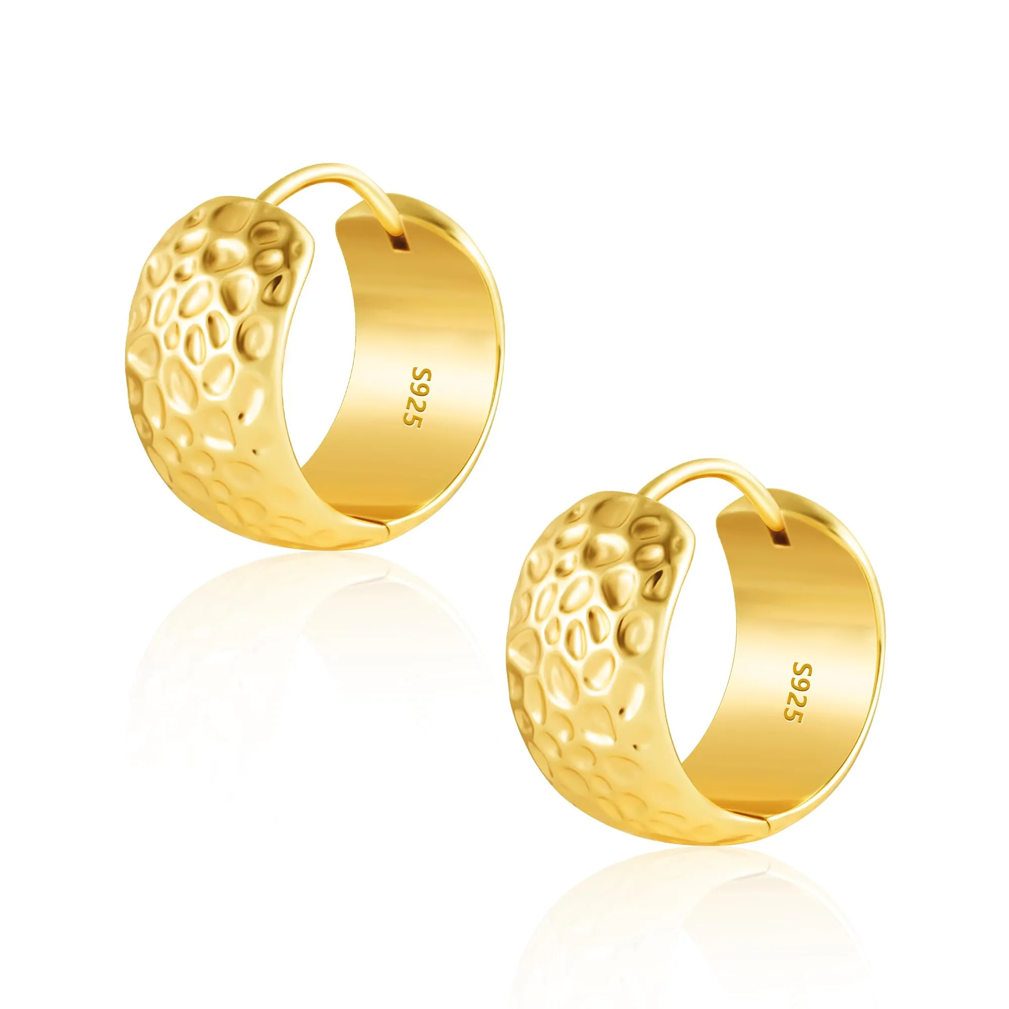 KISSPAT Orecchini a Cerchio Huggie in Oro 14k Martellati, Argento Sterling 925, 18mm x 10mm - immagine 1