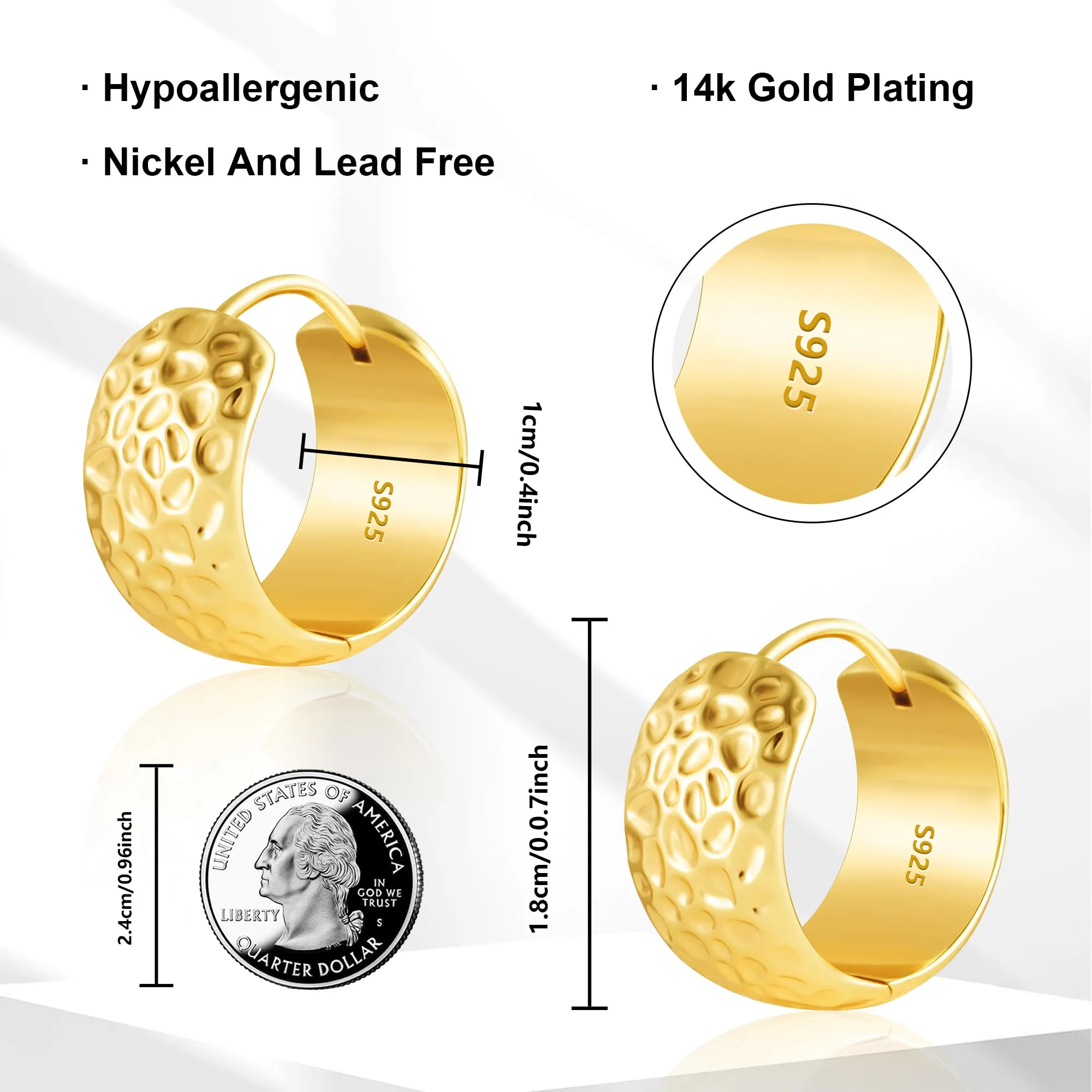 KISSPAT Orecchini a Cerchio Huggie in Oro 14k Martellati, Argento Sterling 925, 18mm x 10mm - immagine 7