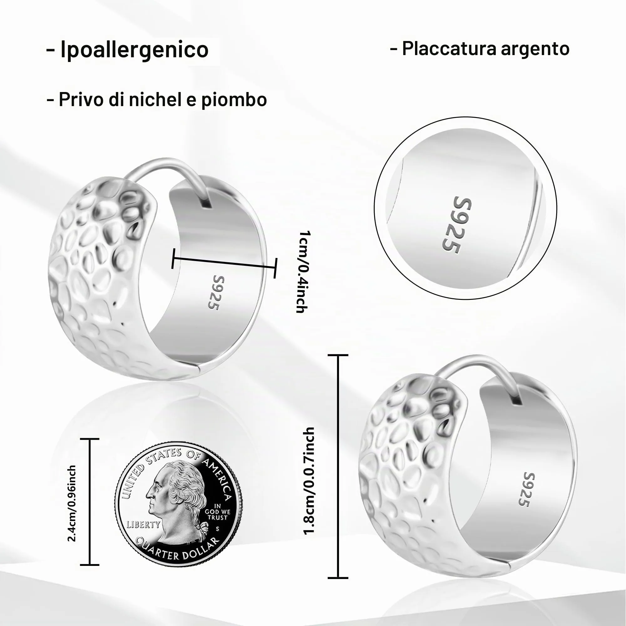KISSPAT Orecchini a Cerchio Huggie in Argento Martellato, 18 mm, KPDE854S - immagine 6