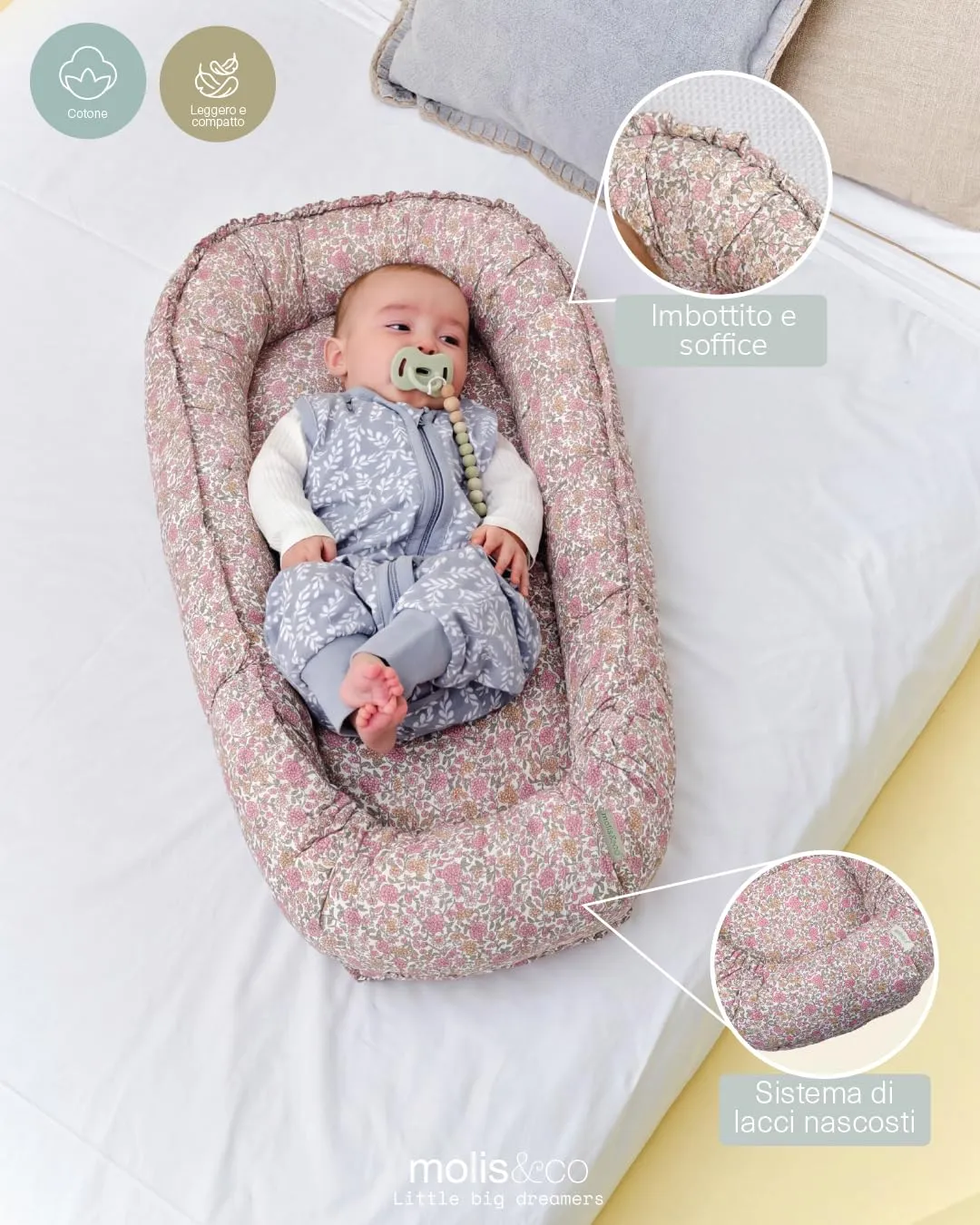 molis&co Nido per bebè 90 x 50 cm, Riduttore per culla e Co-sleeping Nest in cotone, Peony, OEKO-TEX 100 - immagine 3