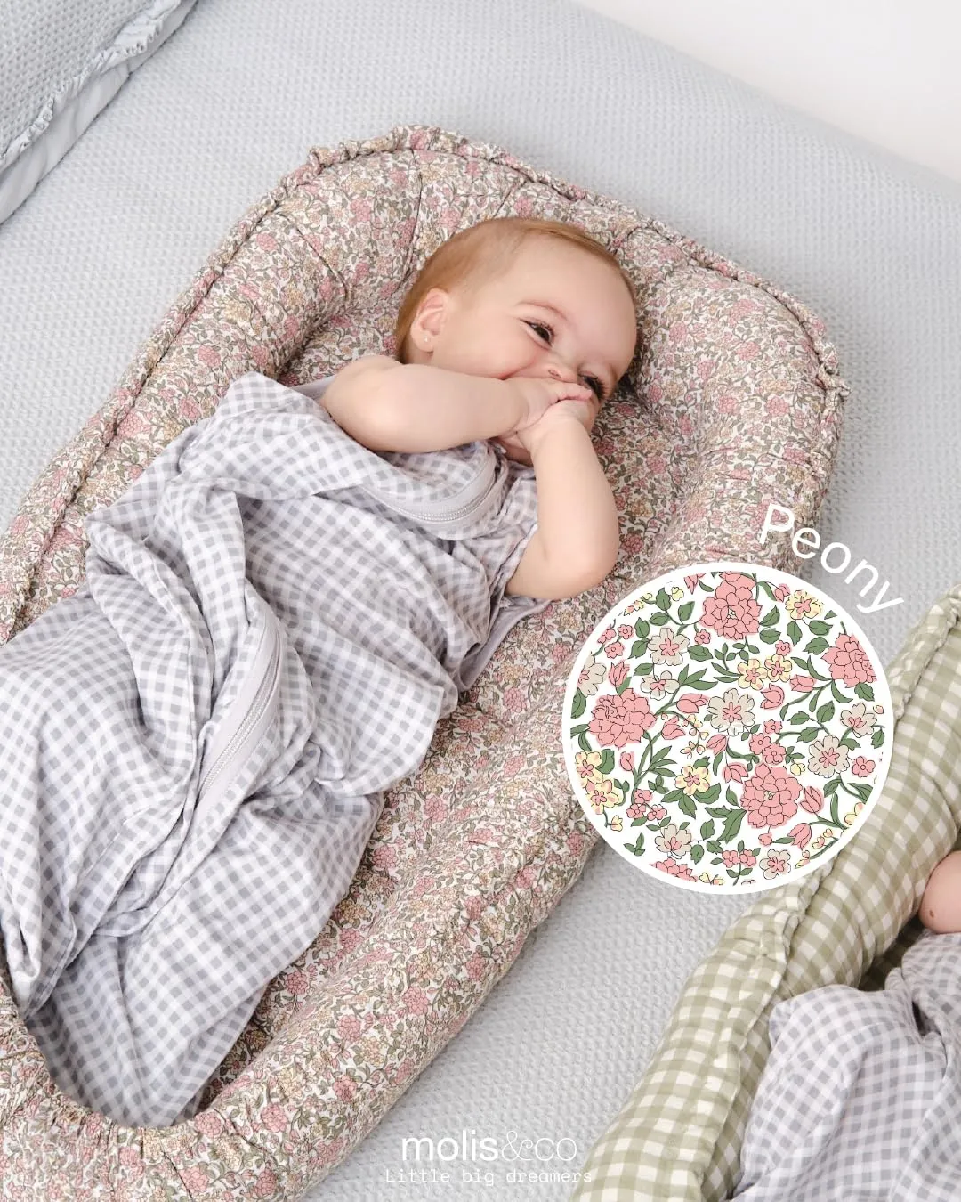 molis&co Nido per bebè 90 x 50 cm, Riduttore per culla e Co-sleeping Nest in cotone, Peony, OEKO-TEX 100 - immagine 5