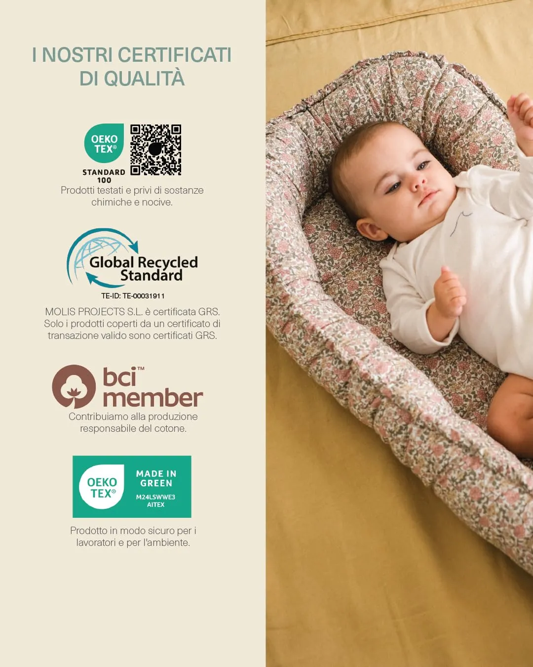 molis&co Nido per bebè 90 x 50 cm, Riduttore per culla e Co-sleeping Nest in cotone, Peony, OEKO-TEX 100 - immagine 6