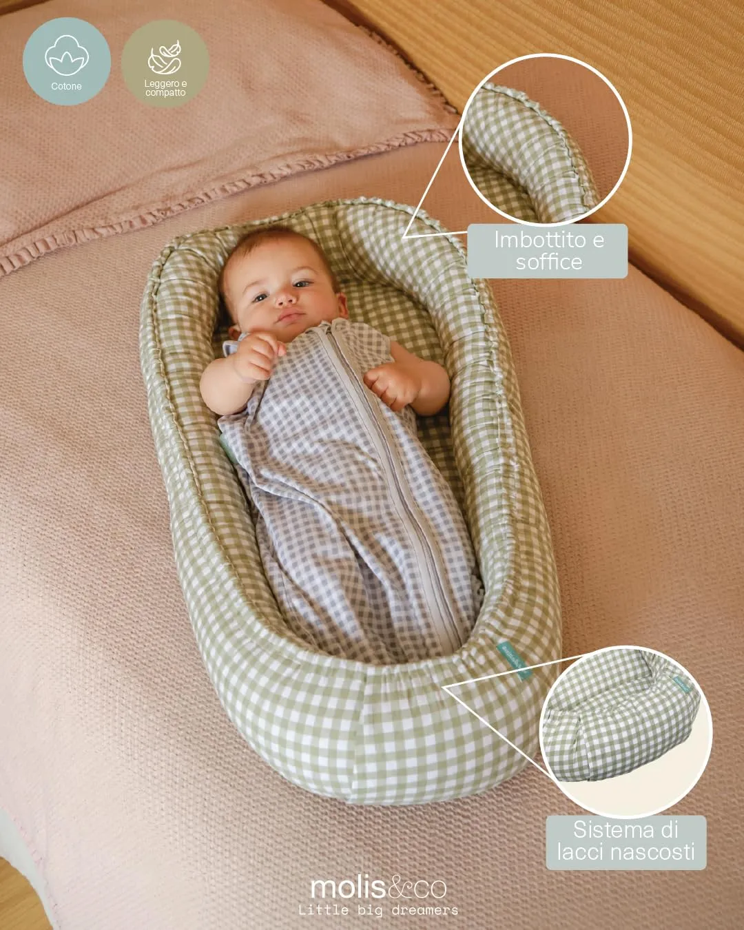 molis & co Nido per bebè 90 x 50 cm, Riduttore per culla e Co-sleeping Nest in Cotone, Mint Tea, OEKO-TEX 100 - immagine 3