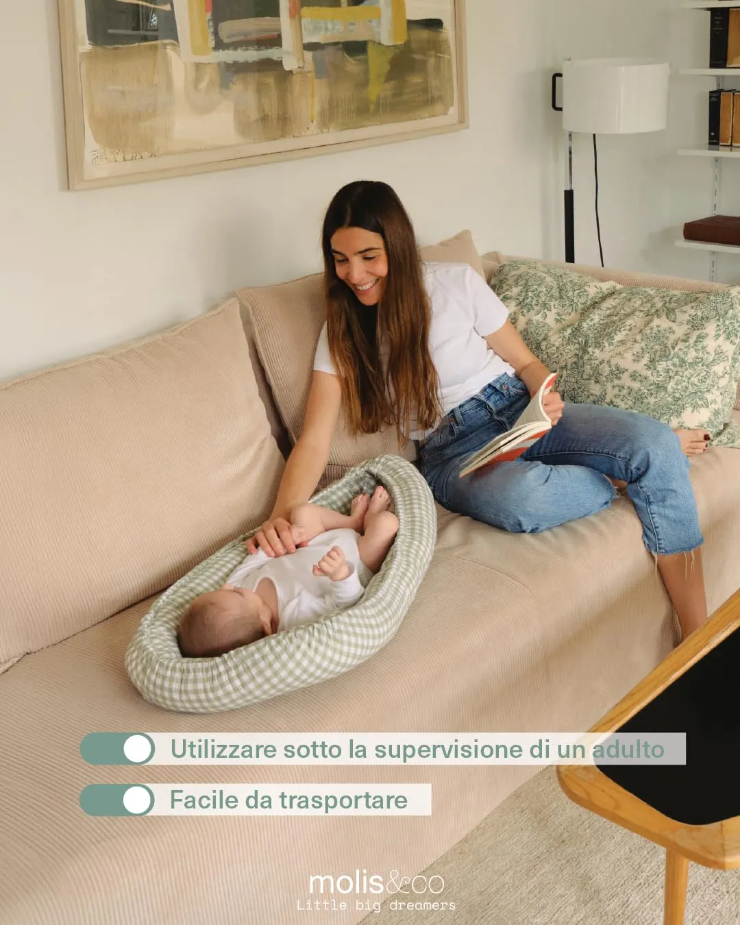 molis & co Nido per bebè 90 x 50 cm, Riduttore per culla e Co-sleeping Nest in Cotone, Mint Tea, OEKO-TEX 100 - immagine 4