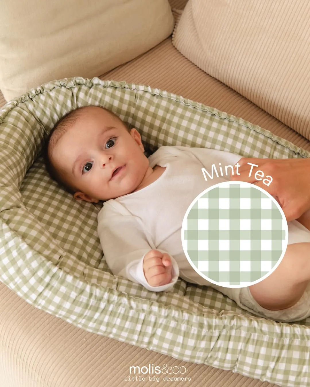 molis & co Nido per bebè 90 x 50 cm, Riduttore per culla e Co-sleeping Nest in Cotone, Mint Tea, OEKO-TEX 100 - immagine 5
