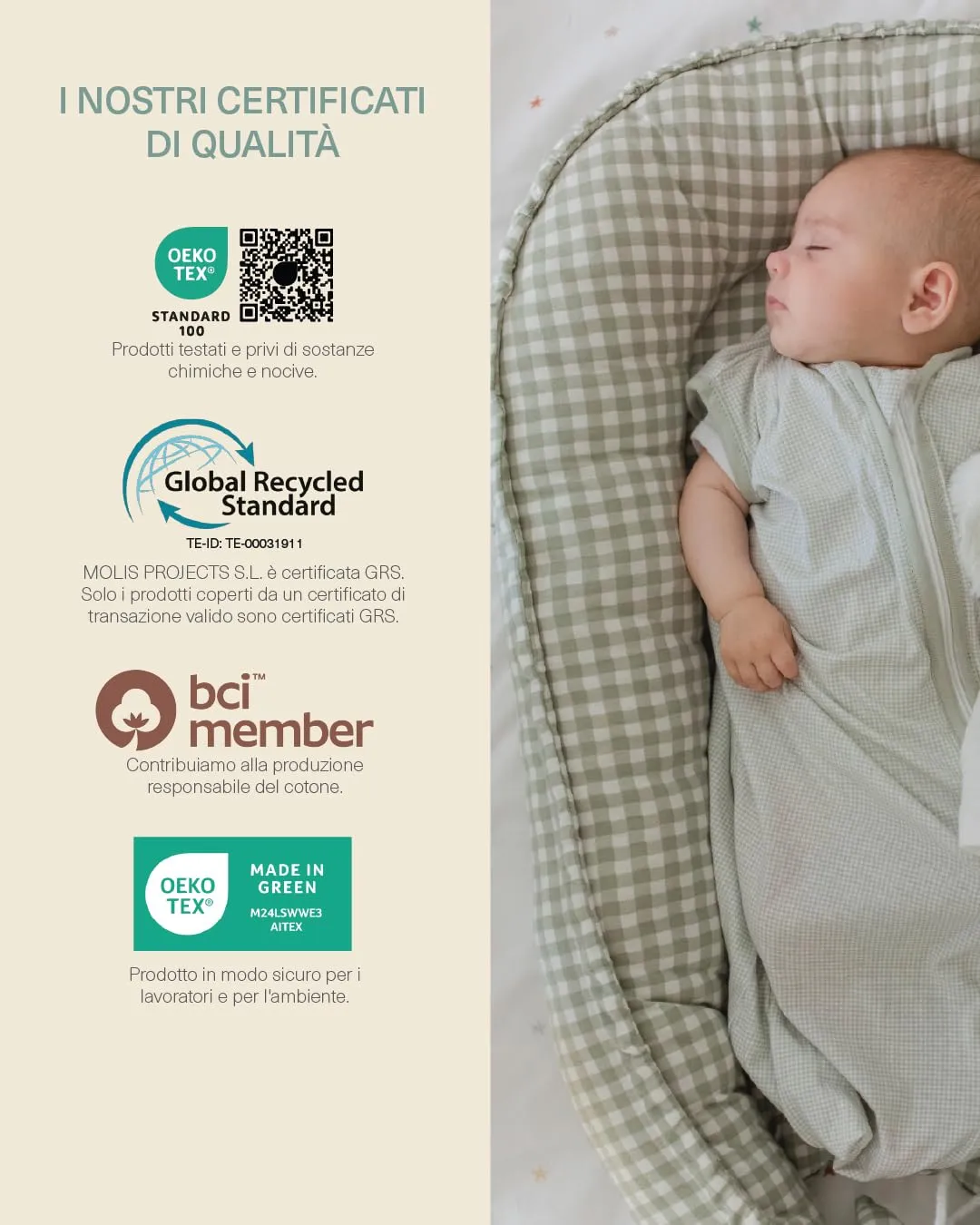 molis & co Nido per bebè 90 x 50 cm, Riduttore per culla e Co-sleeping Nest in Cotone, Mint Tea, OEKO-TEX 100 - immagine 6