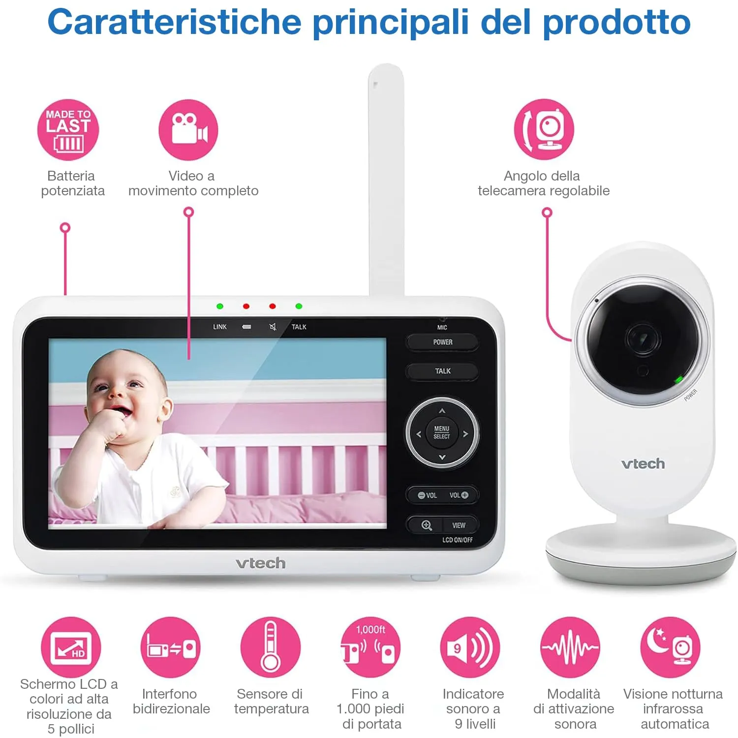 VTech VM350 Baby Monitor Video con Schermo LCD 5 Pollici, Visione Notturna, Interfono e Ninne Nanne - immagine 3