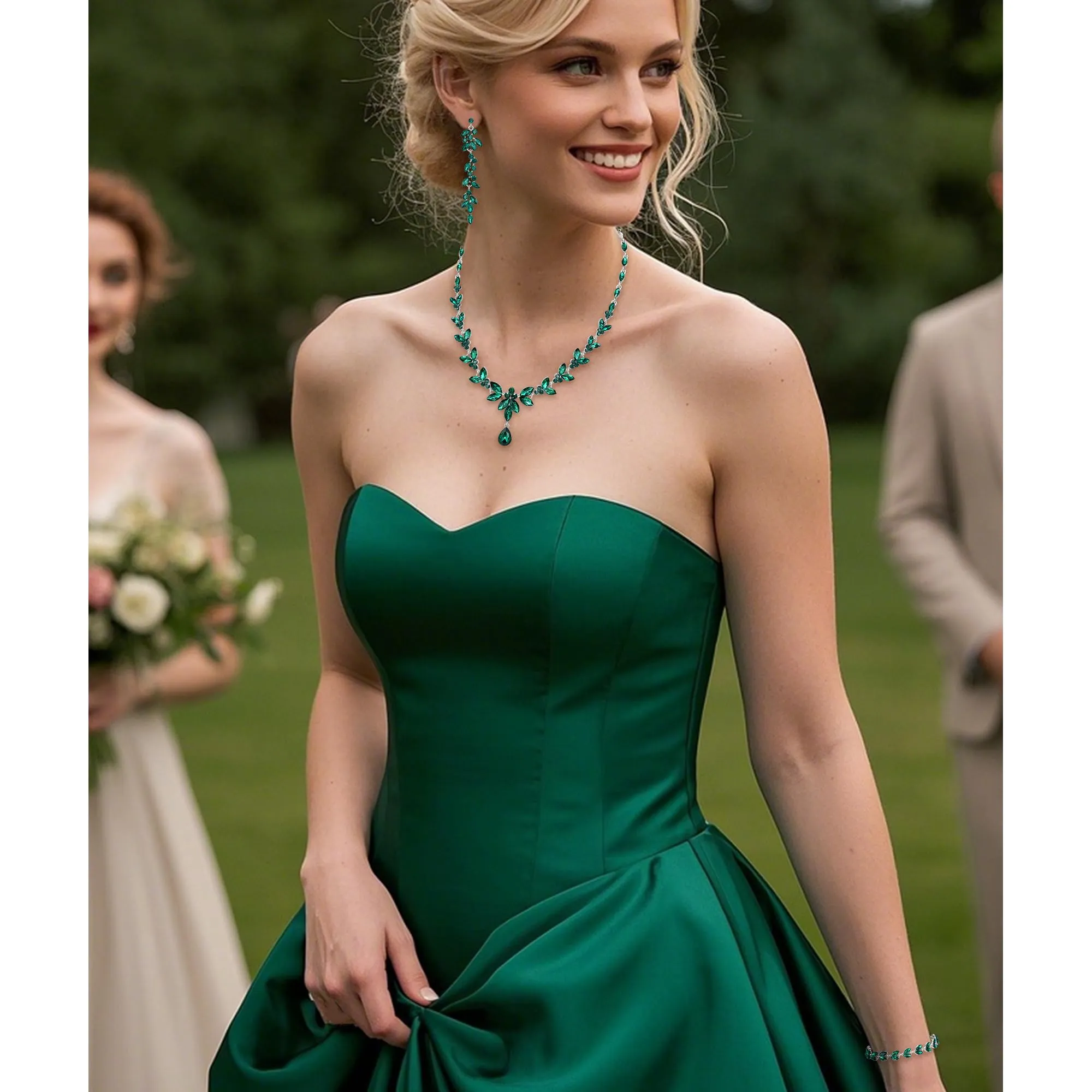 Ever Faith Set di gioielli da sposa con cristallo austriaco, collana e orecchini pendenti, verde smeraldo tono oro - immagine 2