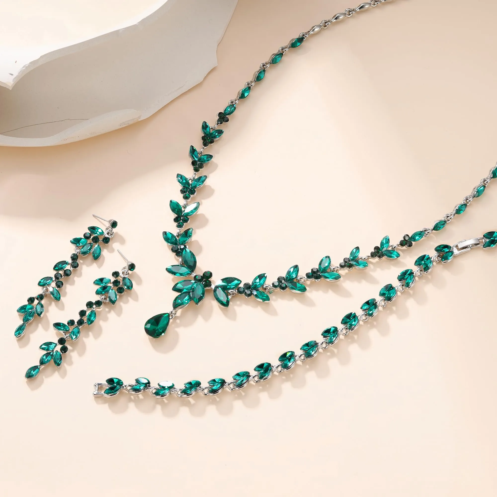 Ever Faith Set di gioielli da sposa con cristallo austriaco, collana e orecchini pendenti, verde smeraldo tono oro - immagine 4