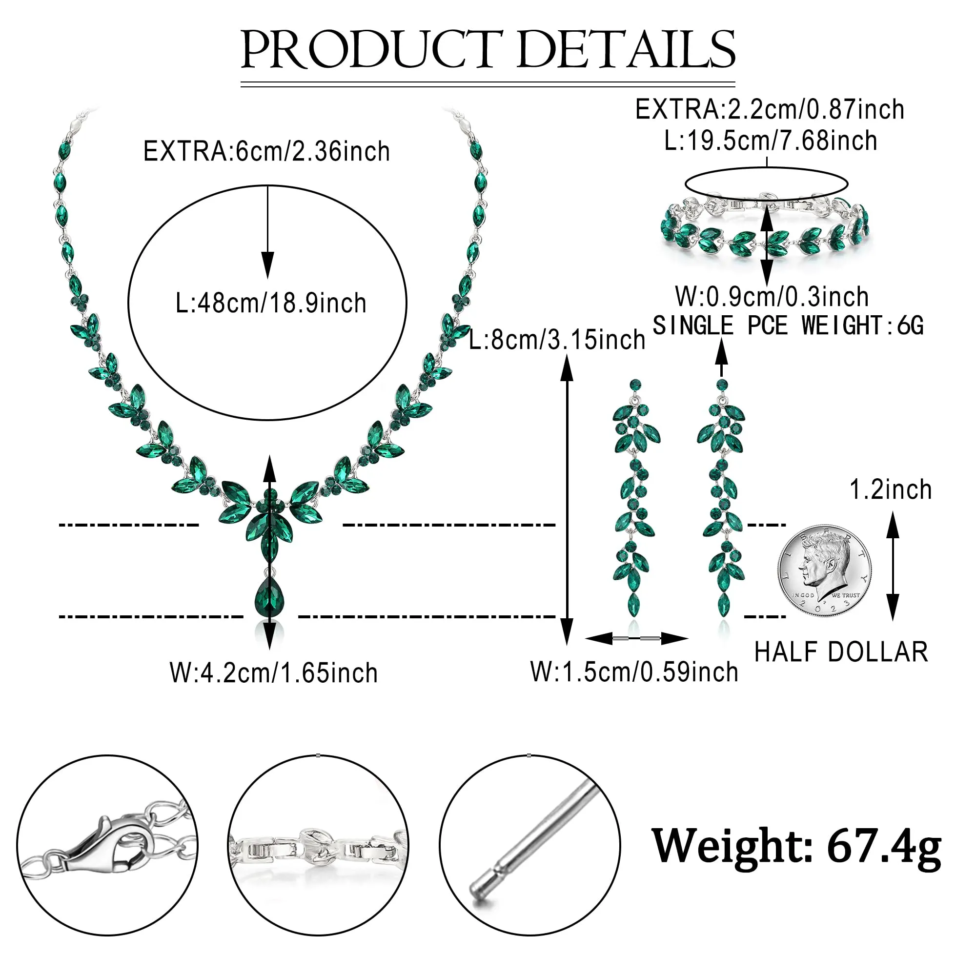 Ever Faith Set di gioielli da sposa con cristallo austriaco, collana e orecchini pendenti, verde smeraldo tono oro - immagine 5