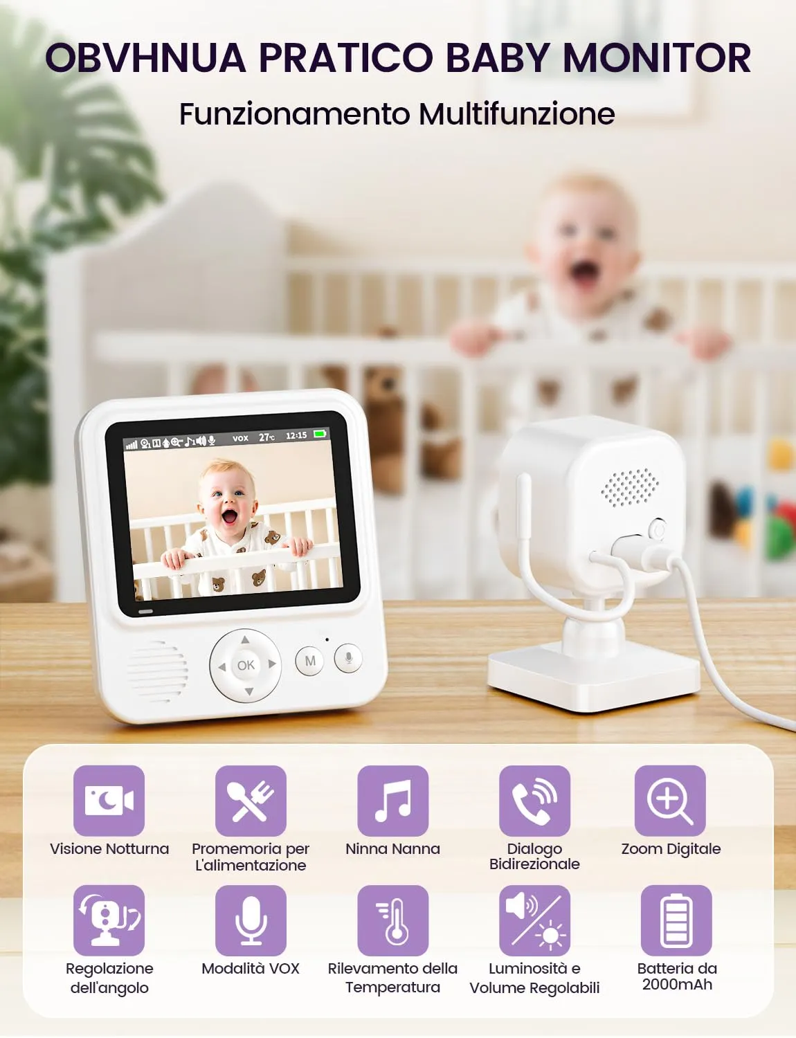 OBVHNUA Baby Monitor Video e Audio 2,8" 720P con VOX, Senza WiFi e Zoom - immagine 2