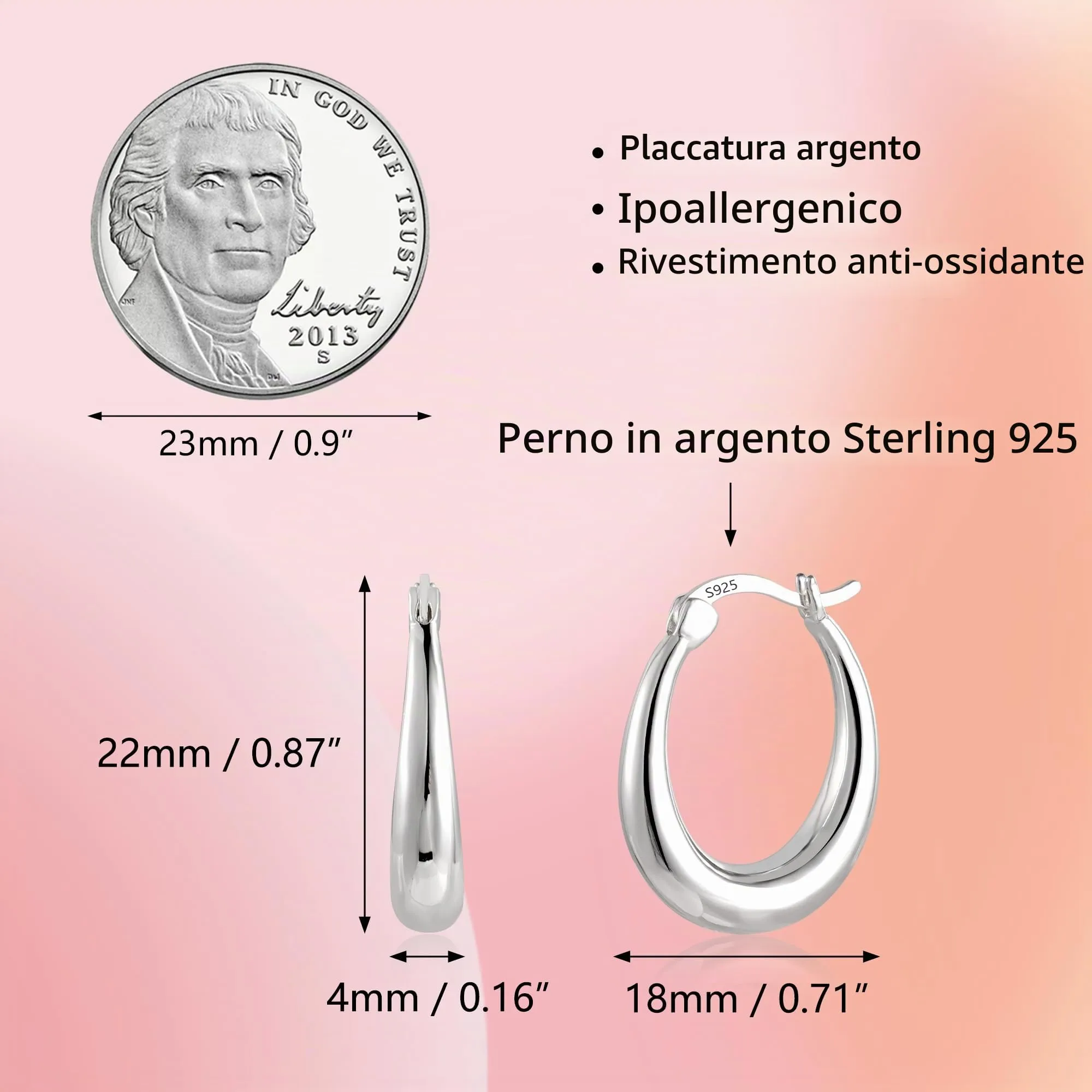 KISSPAT Orecchini a Cerchio Ovali Chunky a Goccia in Argento Ipoallergenici, 18 mm - immagine 7