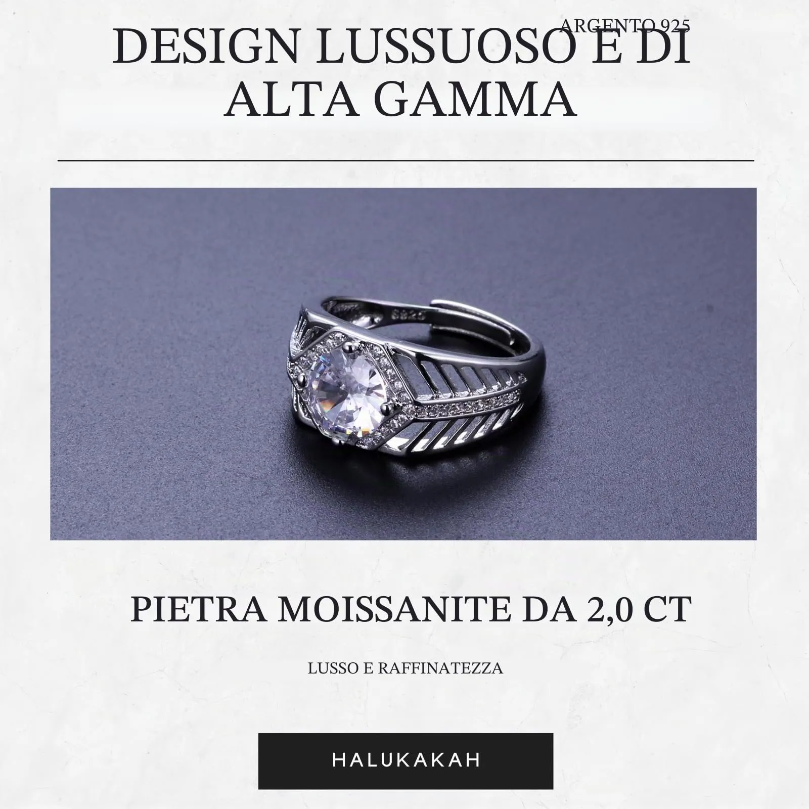 HALUKAKAH Anello in Argento Sterling per Uomo con Moissanite da 2 Carati, Regolabile - Melodia Marina - immagine 3