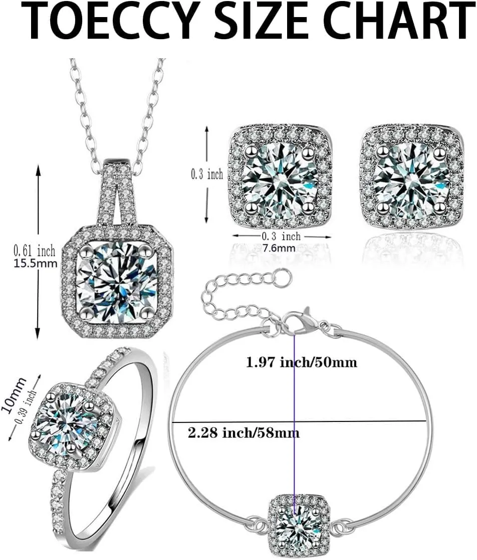 TOEECY Set Gioielli Cristallo Quadrato Argento - Collana, Orecchini, Bracciale e Anello - immagine 3