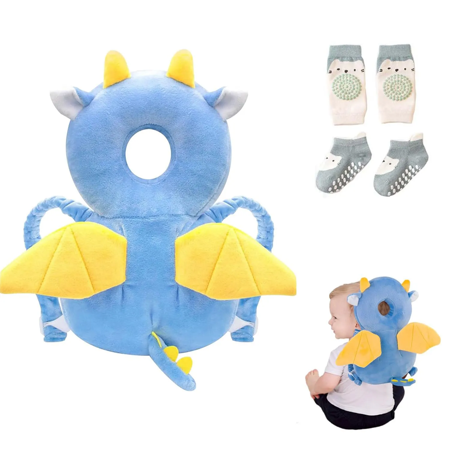 Bambebe Cuscino Anticaduta Protezione Testa per Neonato e Bambini, Zainetto Primi Passi Regolabile (Drago) - immagine 1