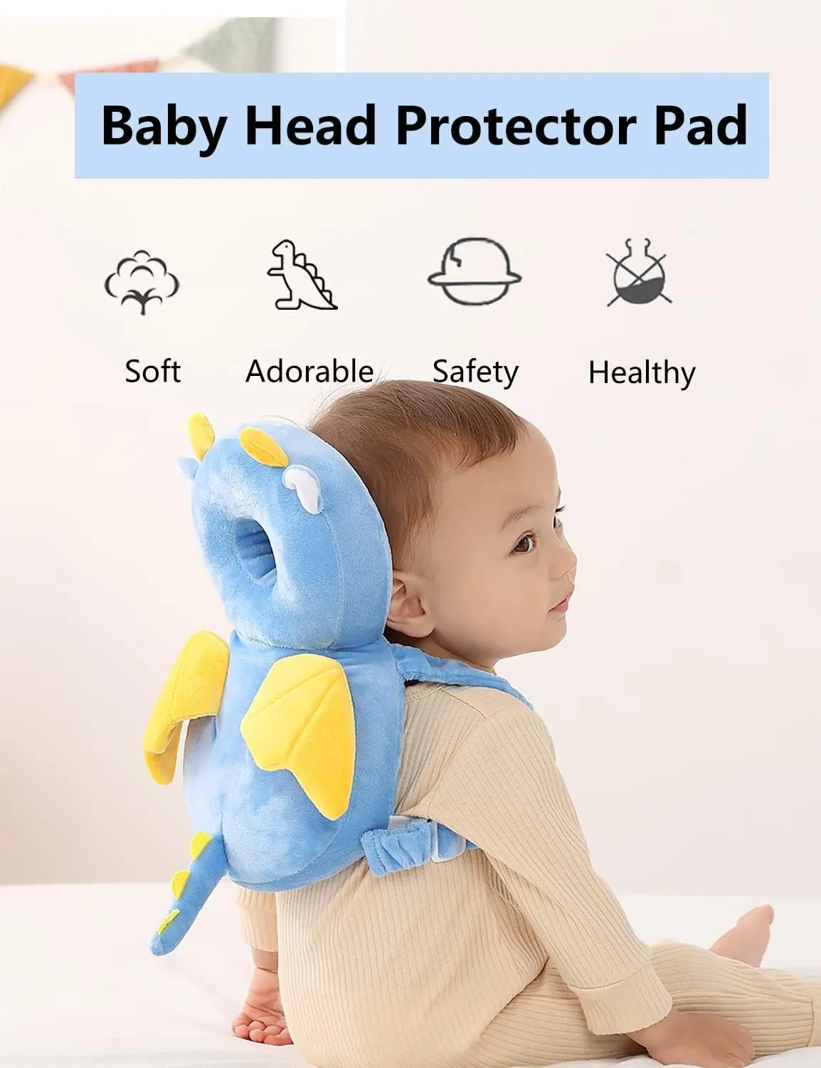 Bambebe Cuscino Anticaduta Protezione Testa per Neonato e Bambini, Zainetto Primi Passi Regolabile (Drago) - immagine 2