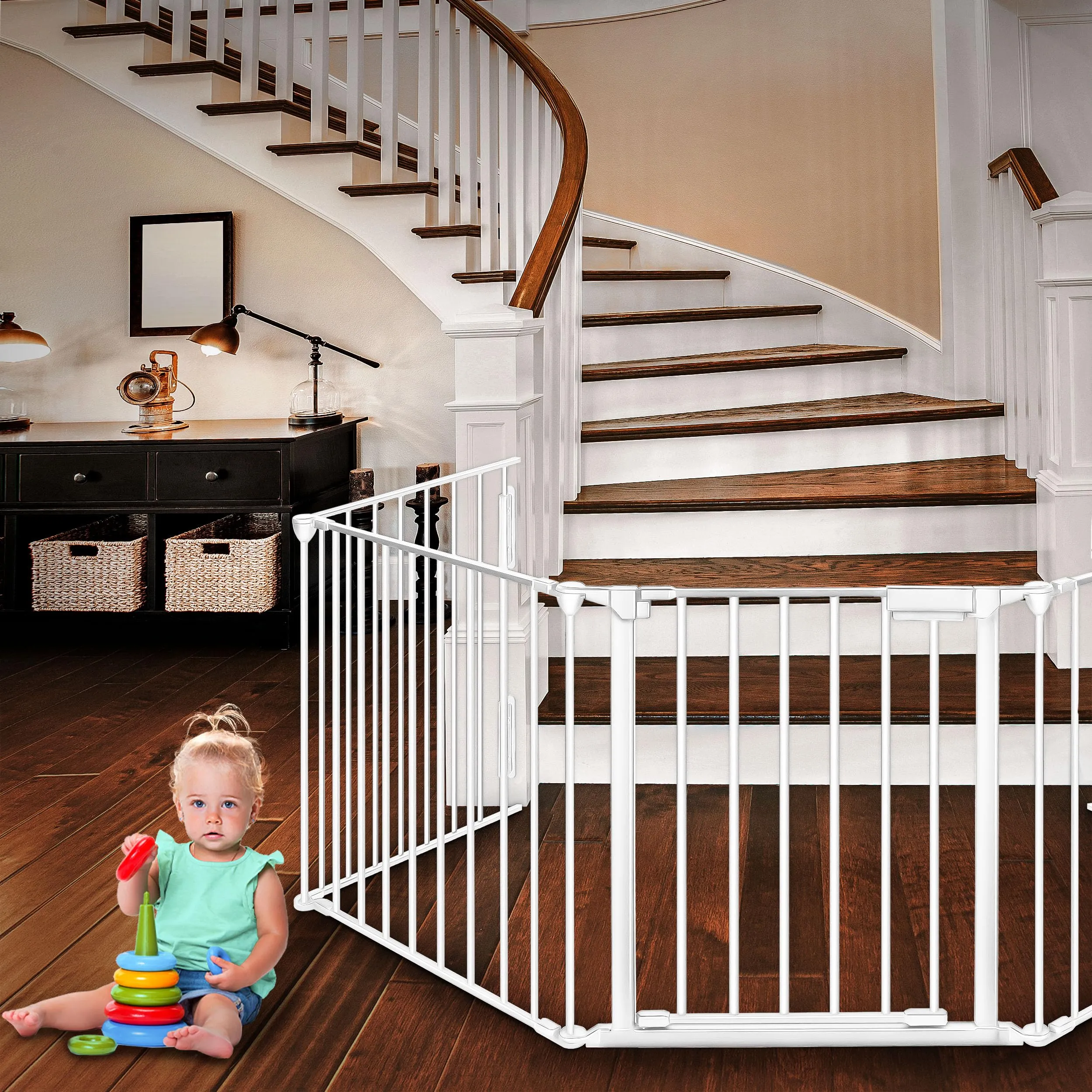 KIDUKU Barriera di sicurezza per bambini e animali, cancelletto griglia per camino, porte o scale, 240 cm, Bianco - immagine 7