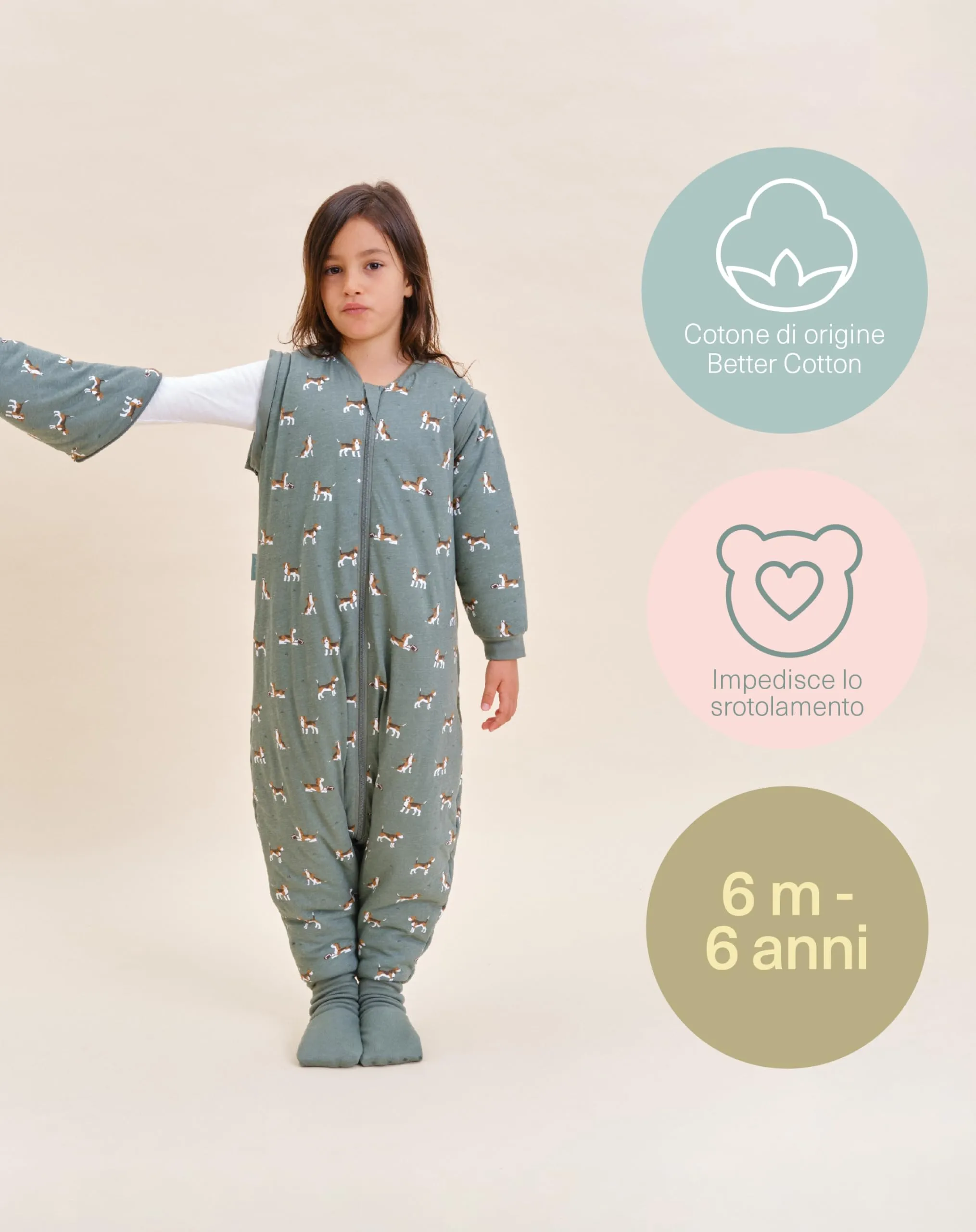 molis & co Sacco Nanna con piedini, maniche staccabili e calzini, 2.5 tog, 100% Cotone Oeko-TEX 100, Beagle, 6 mesi - immagine 5