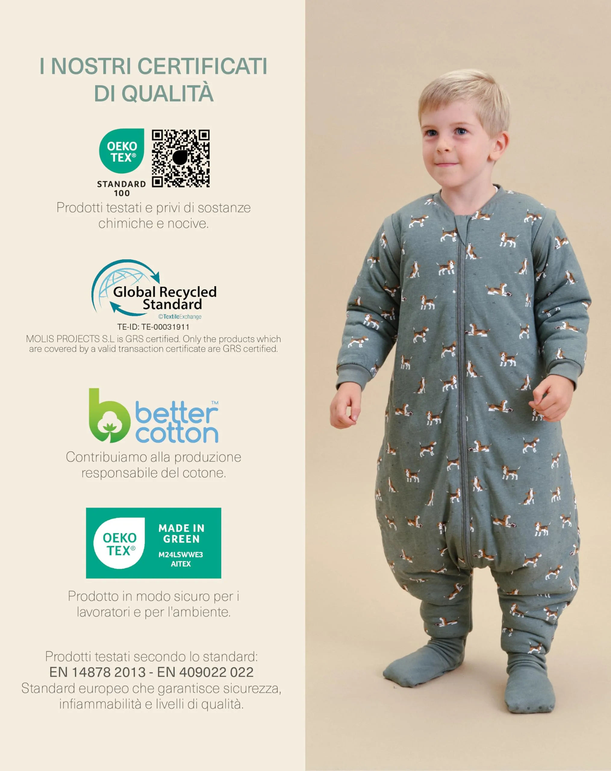 molis & co Sacco Nanna con piedini, maniche staccabili e calzini, 2.5 tog, 100% Cotone Oeko-TEX 100, Beagle, 6 mesi - immagine 6