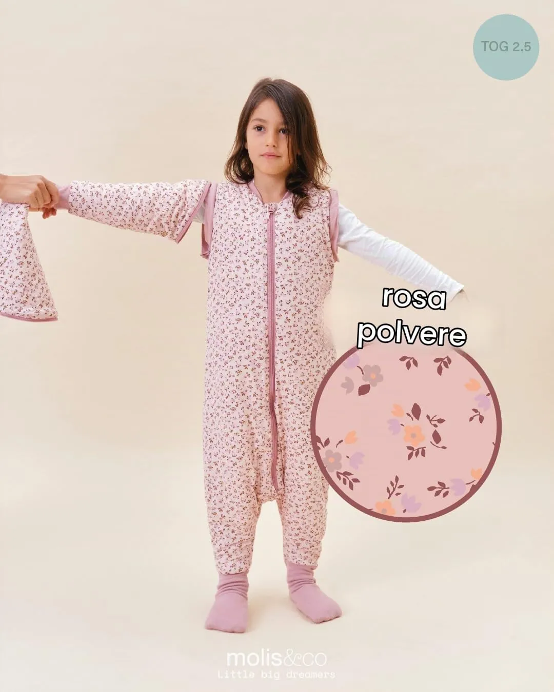 molis & co Sacco Nanna Invernale con Piedini, Maniche Staccabili e Calzini, 2.5 TOG, 100% Cotone Oeko-Tex 100, Misty Rose, 6 anni - immagine 4