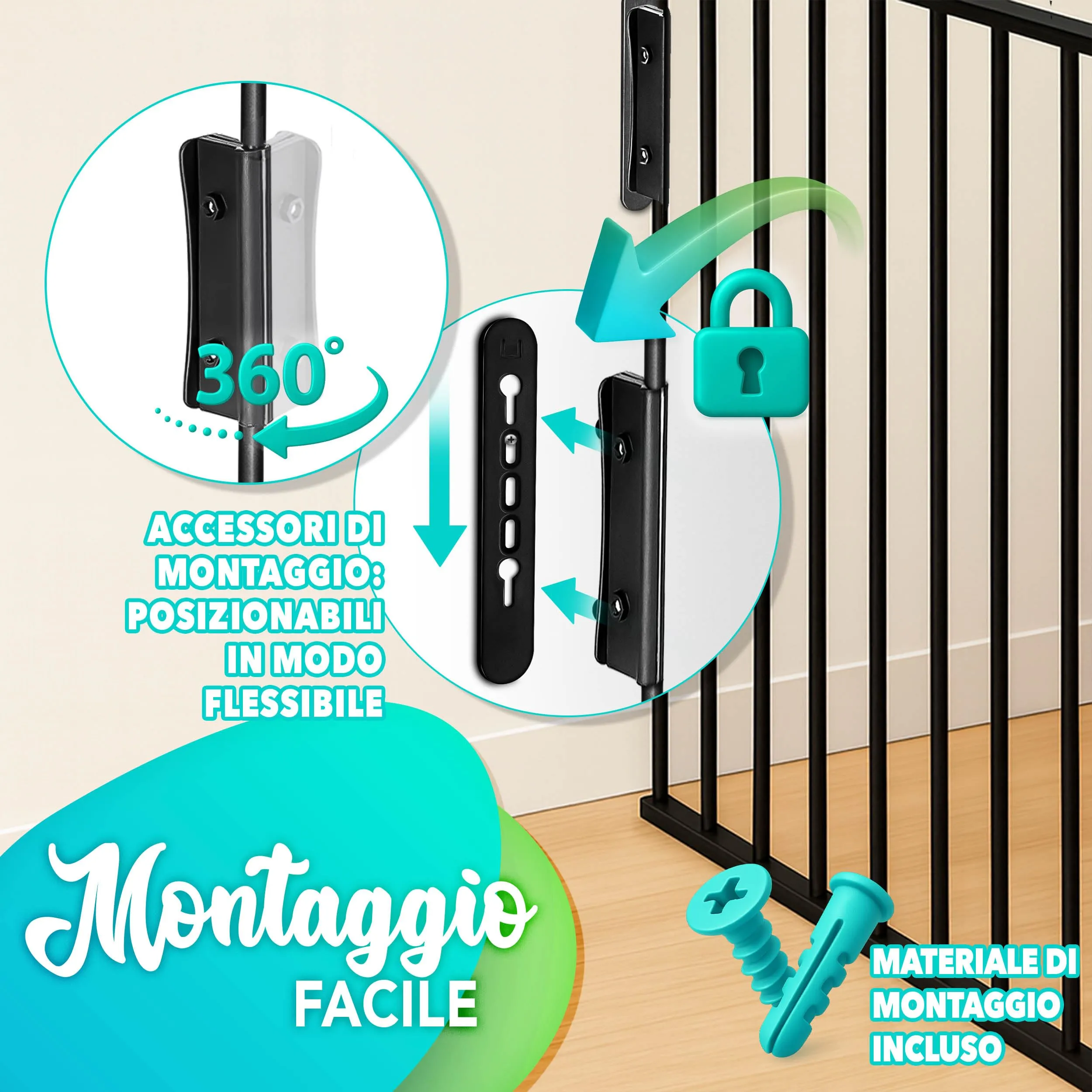KIDUKU Barriera di sicurezza per bambini e animali, cancelletto griglia per camino, porte o scale, pieghevole, nero, 180 cm - immagine 4