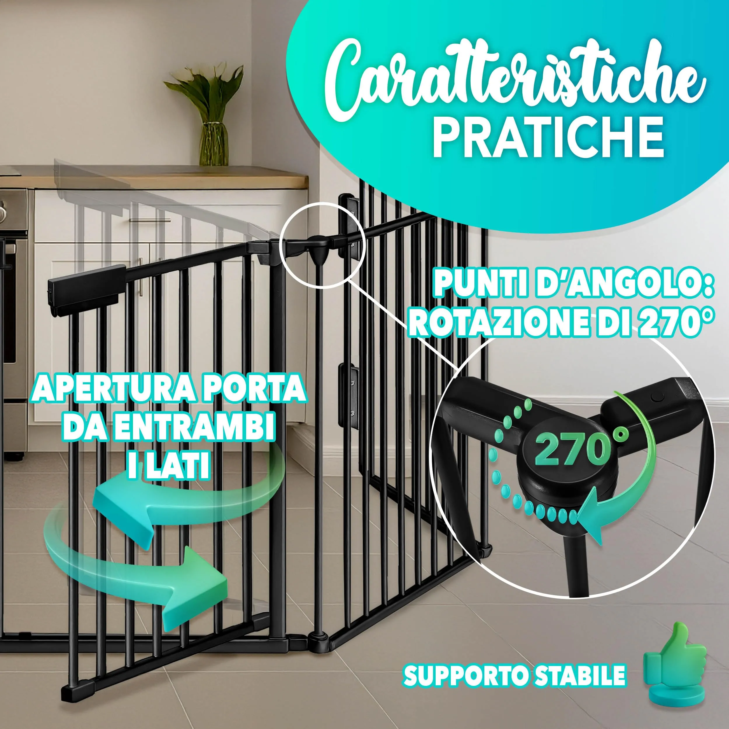 KIDUKU Barriera di sicurezza per bambini e animali, cancelletto griglia per camino, porte o scale, pieghevole, nero, 180 cm - immagine 7
