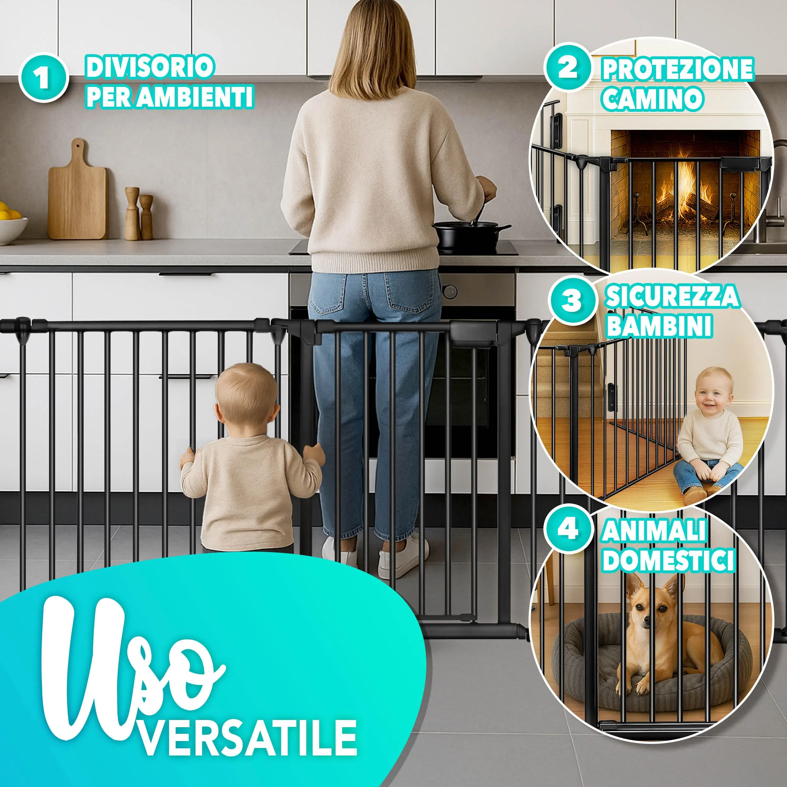KIDUKU Barriera di Sicurezza per Bambini e Animali, Cancelletto per Camino e Scale, Pieghevole, Nero, 240 cm - immagine 6