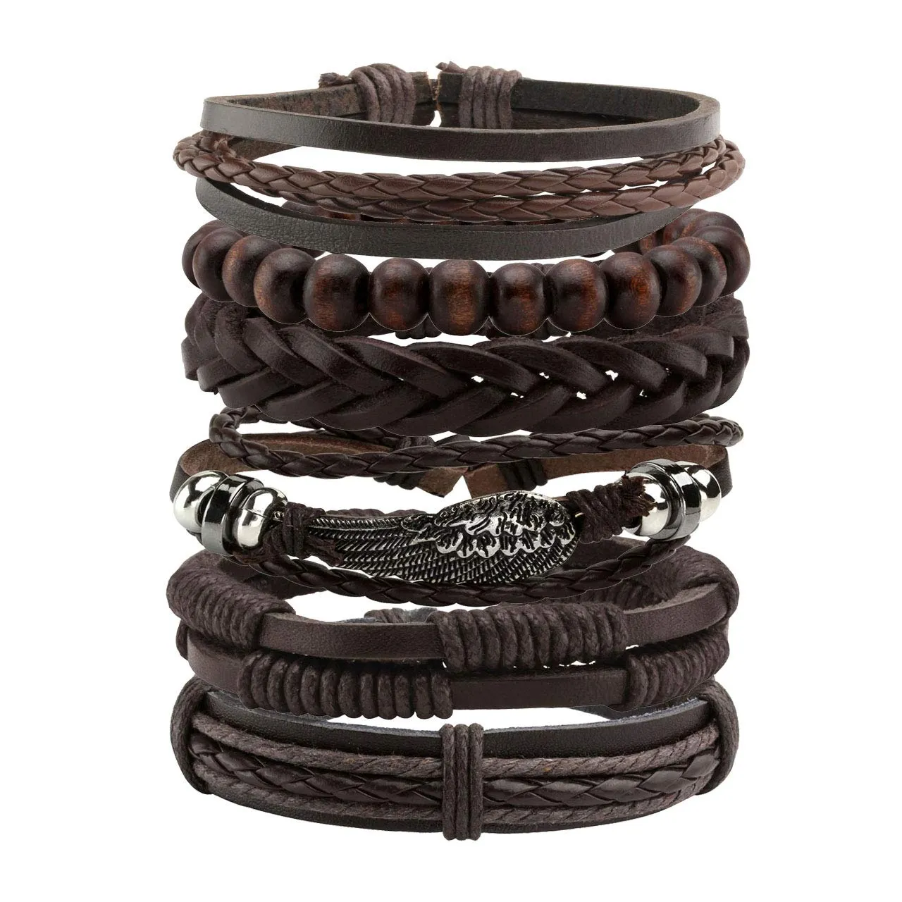 Manfnee Bracciale Intrecciato in Pelle PU Marrone, Punk Vintage Gotico, Regolabile, 6 Pezzi - immagine 1