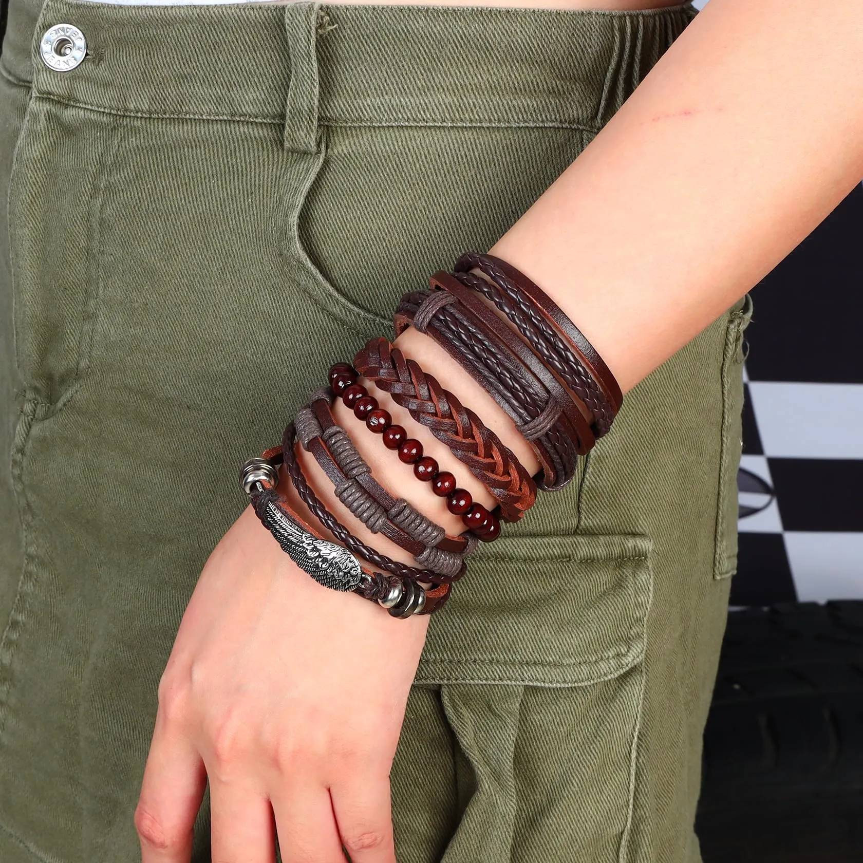 Manfnee Bracciale Intrecciato in Pelle PU Marrone, Punk Vintage Gotico, Regolabile, 6 Pezzi - immagine 5