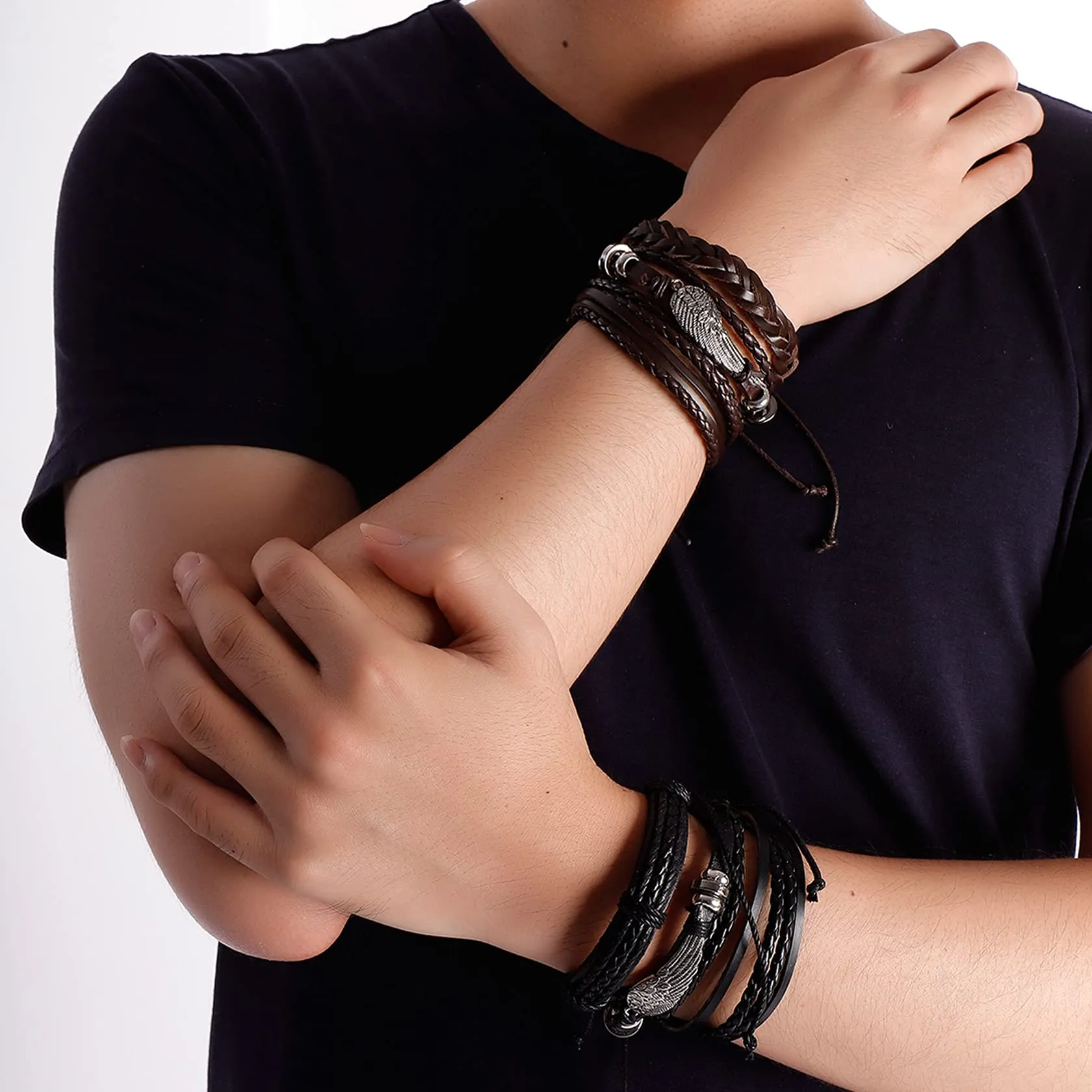 Manfnee Bracciale Intrecciato in Pelle PU Marrone, Punk Vintage Gotico, Regolabile, 6 Pezzi - immagine 7