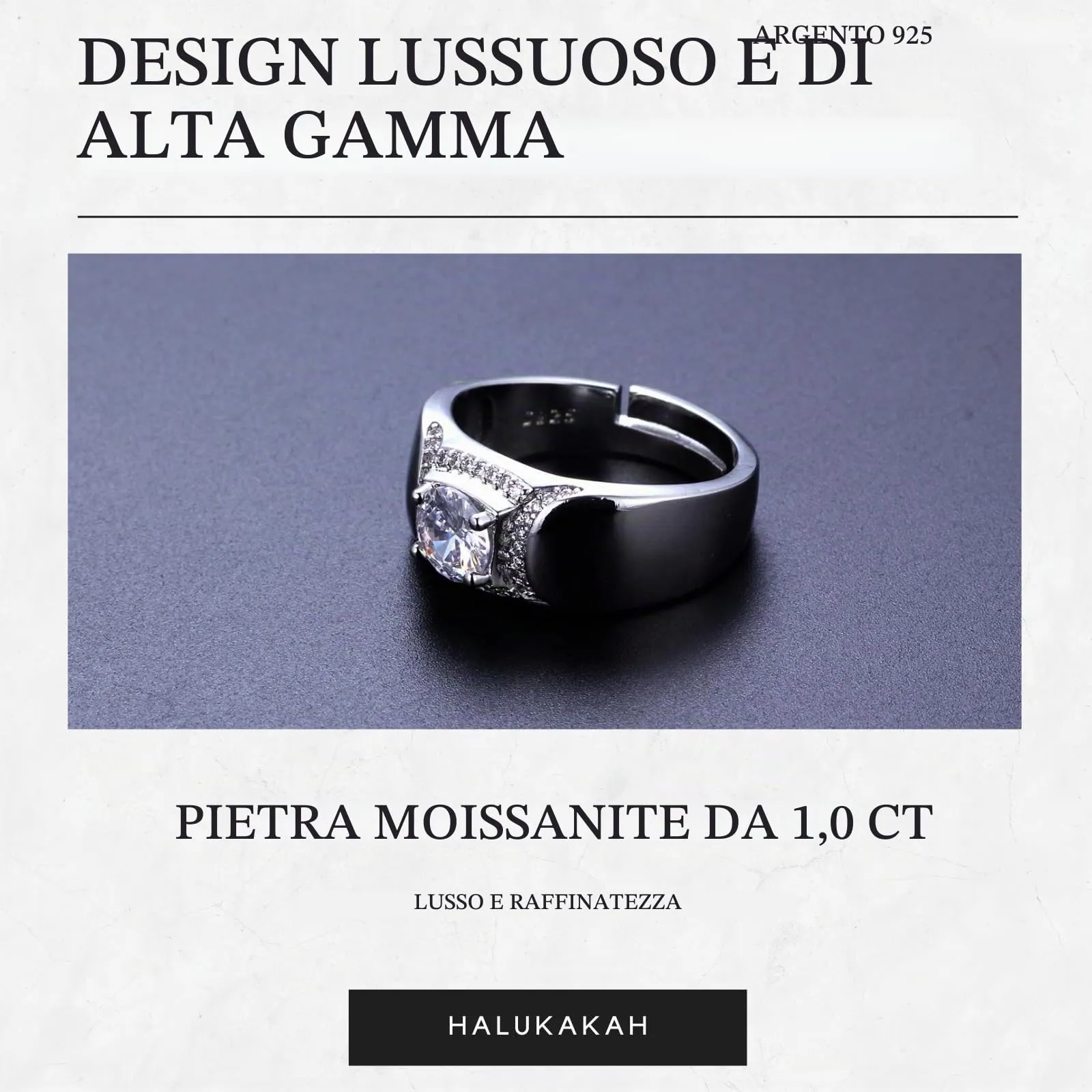 Halukakah Anello in Argento Sterling per Uomo con Moissanite 2ct, Regolabile - immagine 3