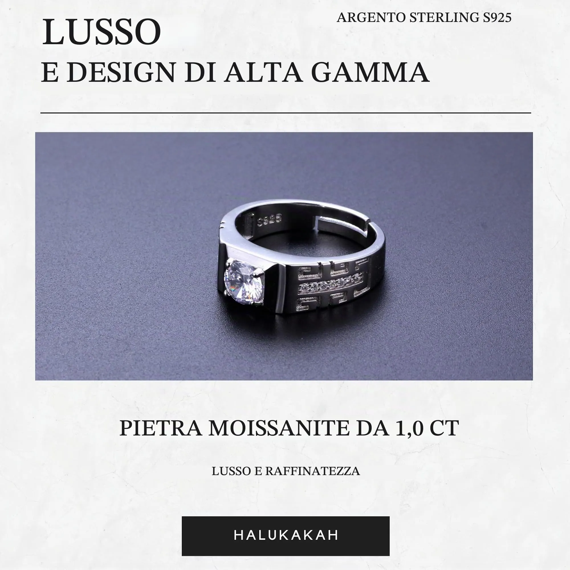 HALUKAKAH Anello in Argento Sterling per Uomo con Moissanite 2ct, Regolabile - Sinfonia Reale - immagine 3