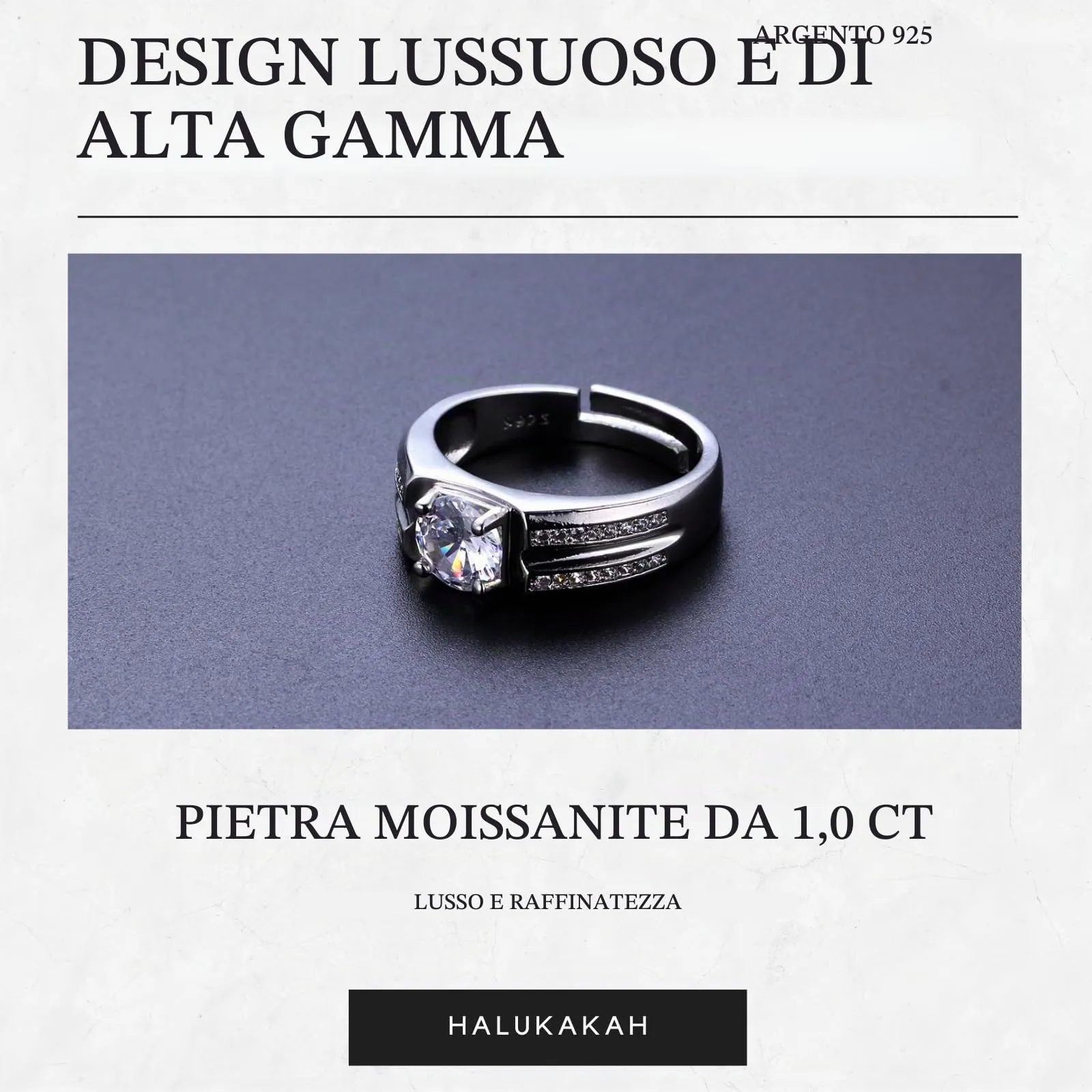 Halukakah Anello in Argento Sterling per Uomo con Moissanite 2ct Regolabile - immagine 3