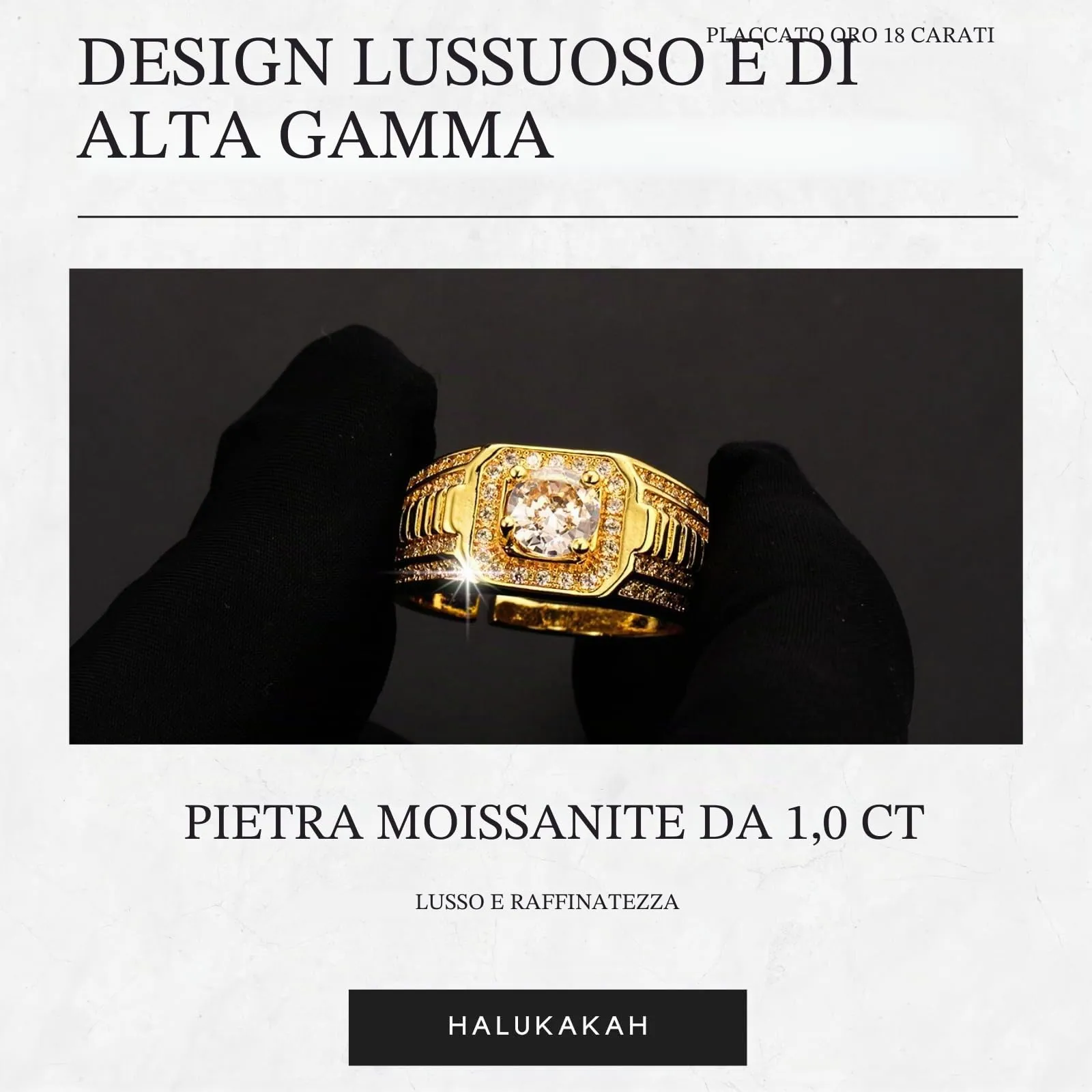 HALUKAKAH Anello in Argento Sterling Placcato Oro 18k per Uomo con Moissanite da 1 Carato, Regolabile - immagine 3