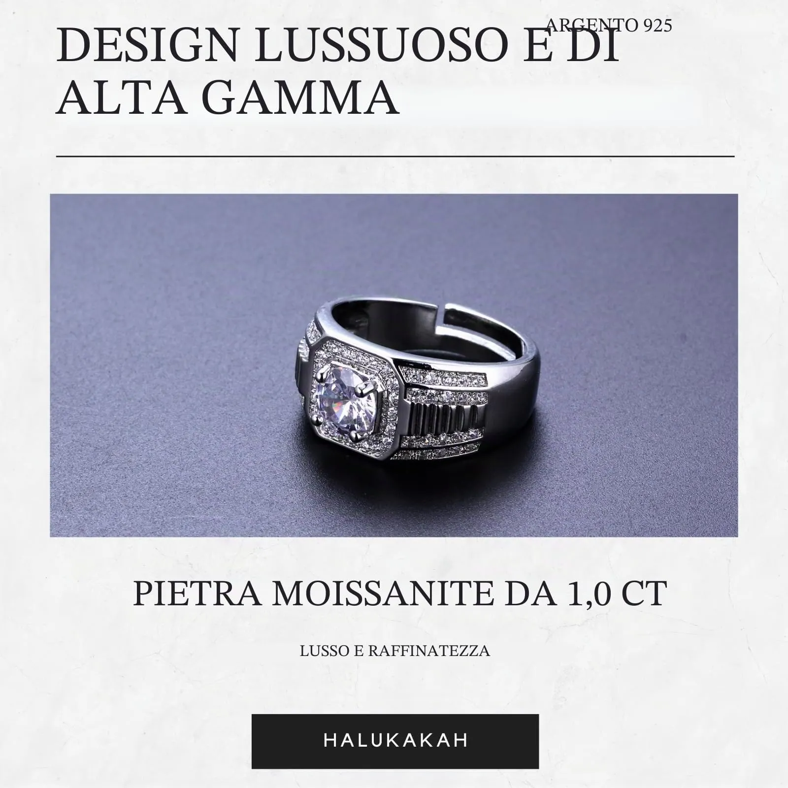 HALUKAKAH Anello in Argento Sterling Placcato Platino per Uomo con Moissanite da 1 Carato, Regolabile - immagine 2