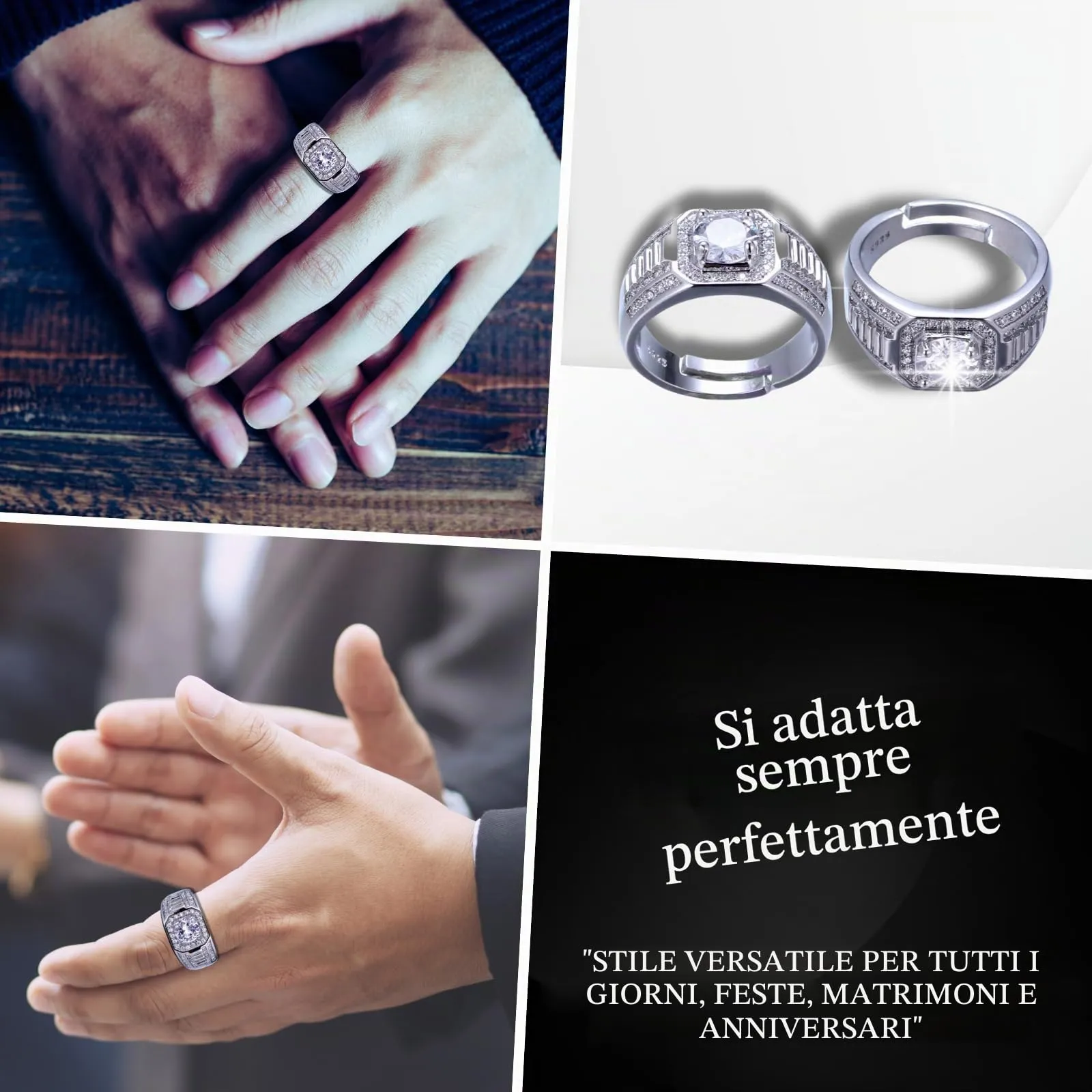 HALUKAKAH Anello in Argento Sterling Placcato Platino per Uomo con Moissanite da 1 Carato, Regolabile - immagine 3