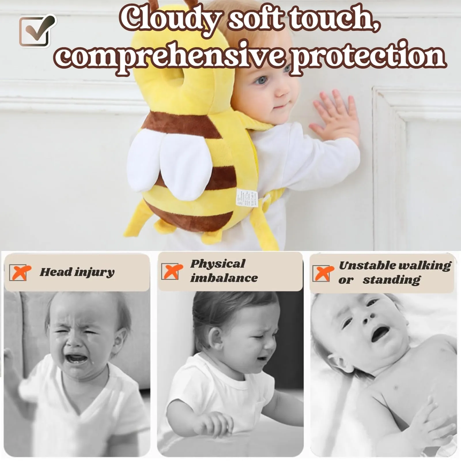 Bambebe Cuscino Anticaduta Protezione Testa per Neonato e Bambini, Zaino Salvatesta Regolabile Primi Passi (Ape) - immagine 2