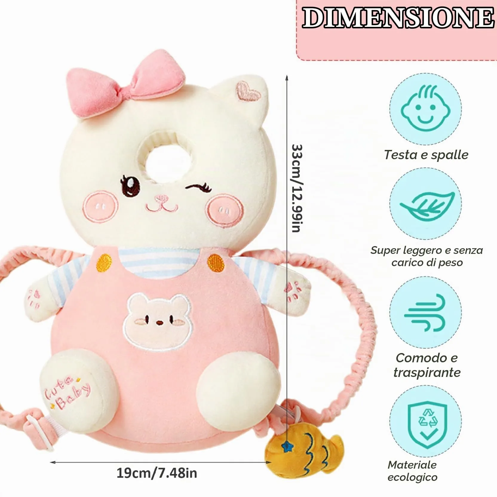 Bambebe Cuscino Anticaduta Protezione Testa per Neonato e Bambini, Zainetto Regolabile Primi Passi (Gatto) - immagine 4