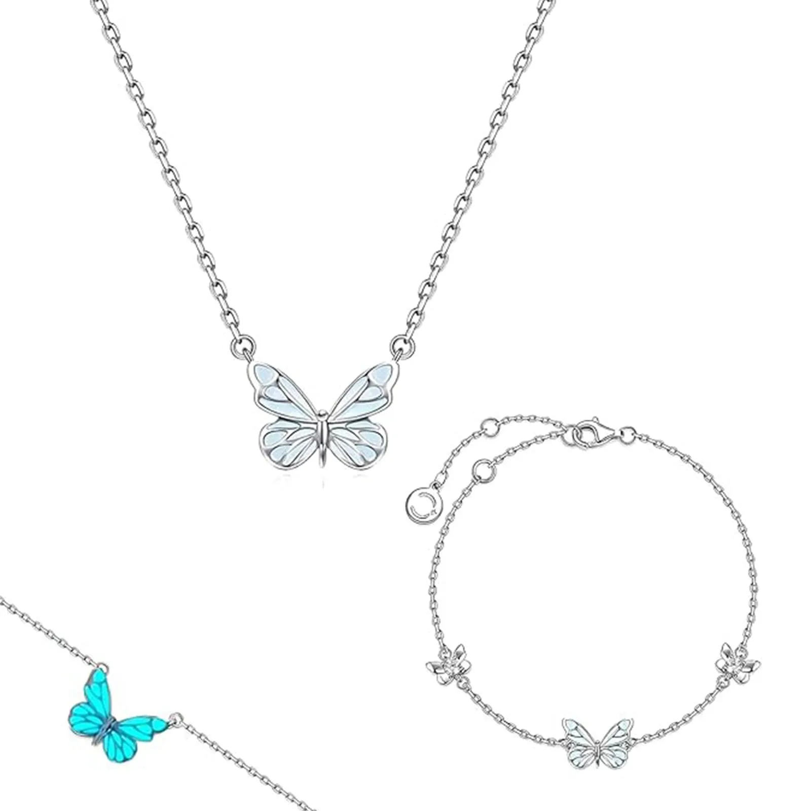 FTEAEYJLH Set Collana e Bracciale con Ciondolo a Farfalla Luminosa, Acciaio Inossidabile, Argento - immagine 1