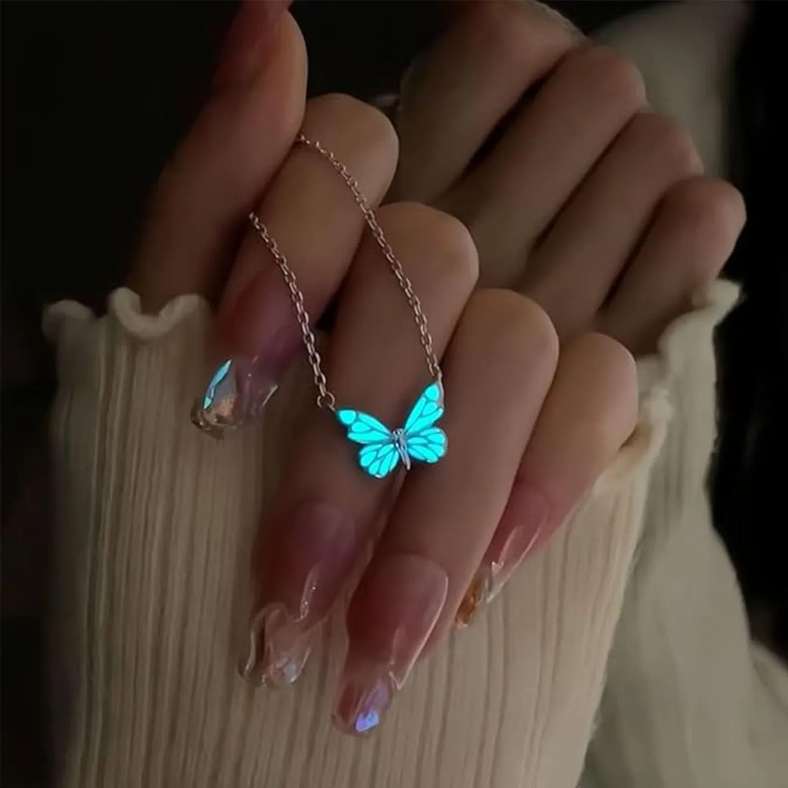 FTEAEYJLH Set Collana e Bracciale con Ciondolo a Farfalla Luminosa, Acciaio Inossidabile, Argento - immagine 3