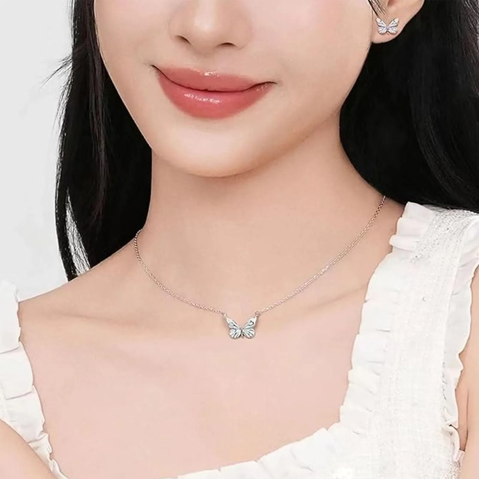 FTEAEYJLH Set Collana e Bracciale con Ciondolo a Farfalla Luminosa, Acciaio Inossidabile, Argento - immagine 6